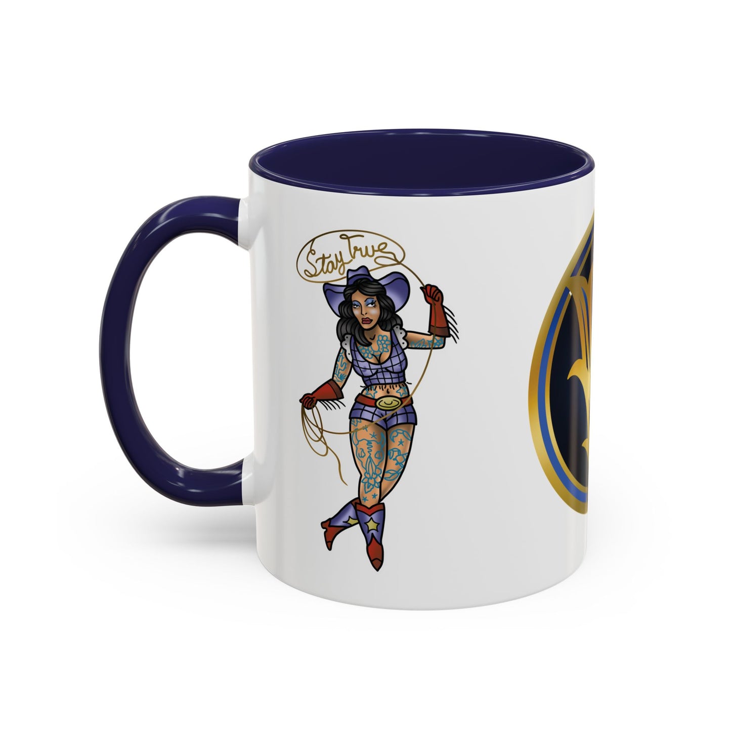 Accent Coffee Mug — Vintage Gold 'V' Monogram & Pin-Up Cowgirl Illustration (11oz/15oz)