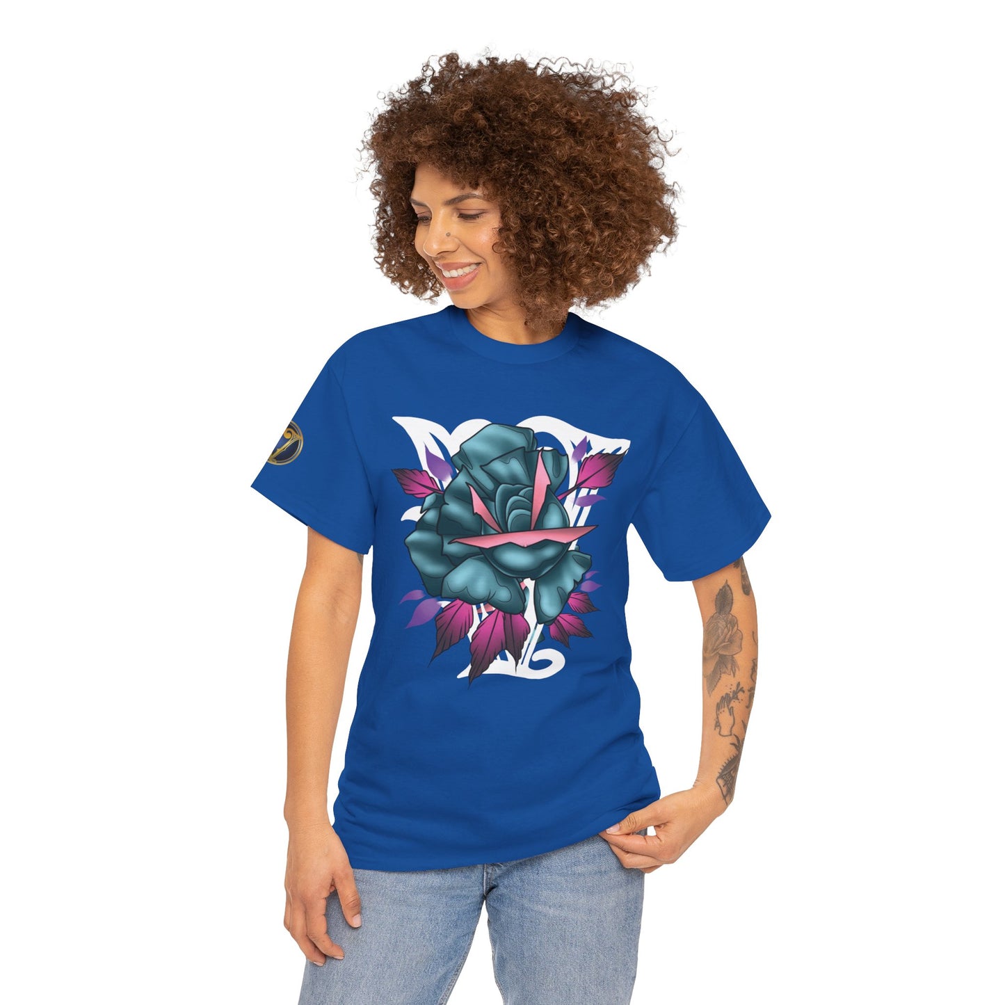 Blue & Pink Rose Graphic Tee — Vintage Floral Tattoo Shirt
