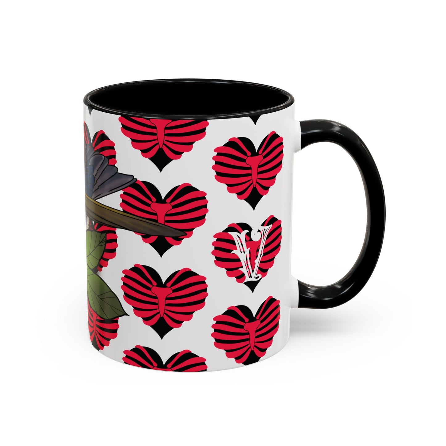 Bird & Hearts Accent Coffee Mug – Colorful Songbird Pattern (11/15oz)