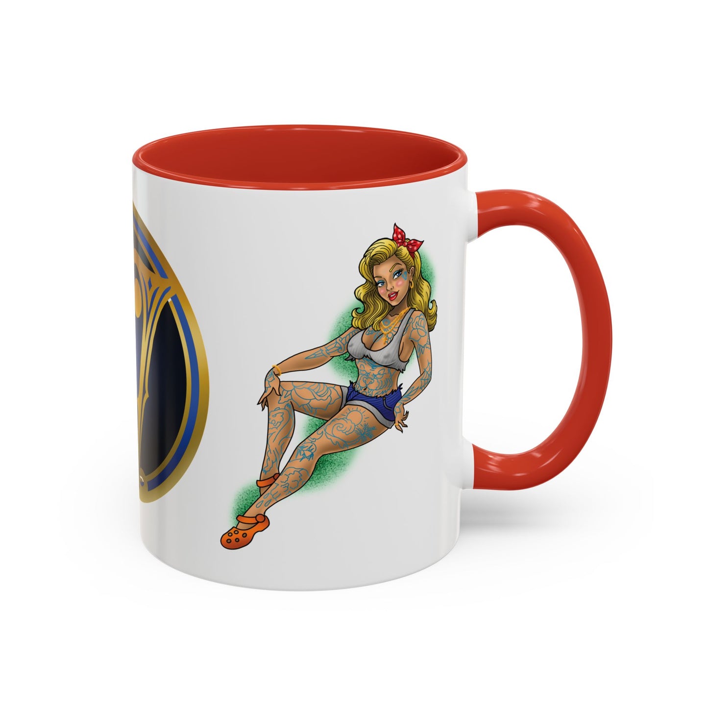 Vintage Pin-Up Coffee Mug with Gold Monogram V — Retro Tattoo Style Accent Mug (11/15oz)