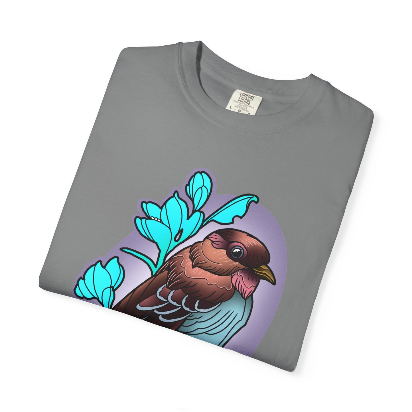Bird Illustration T-Shirt — Colorful Sparrow on Floral Branch Tee