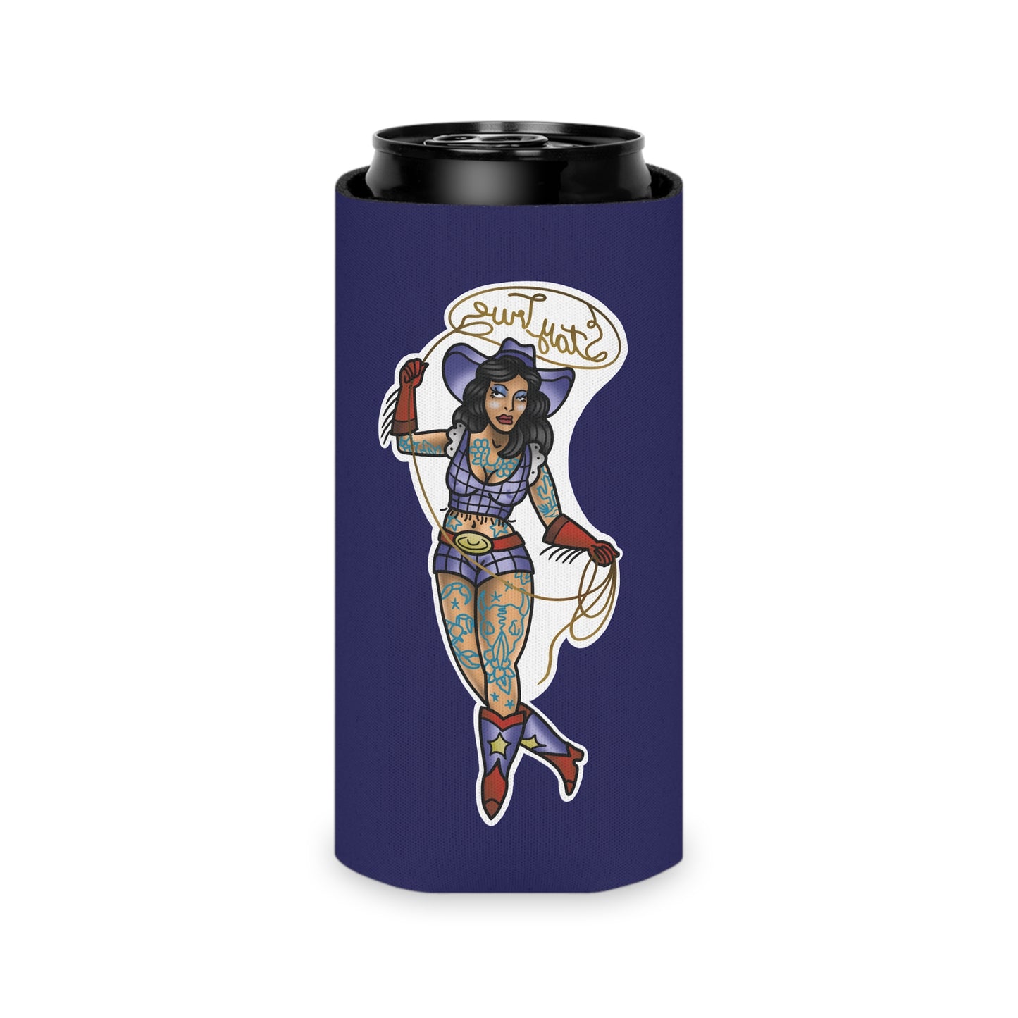 Can Cooler — Retro Tattoo Pinup Girl Design "Stay True"
