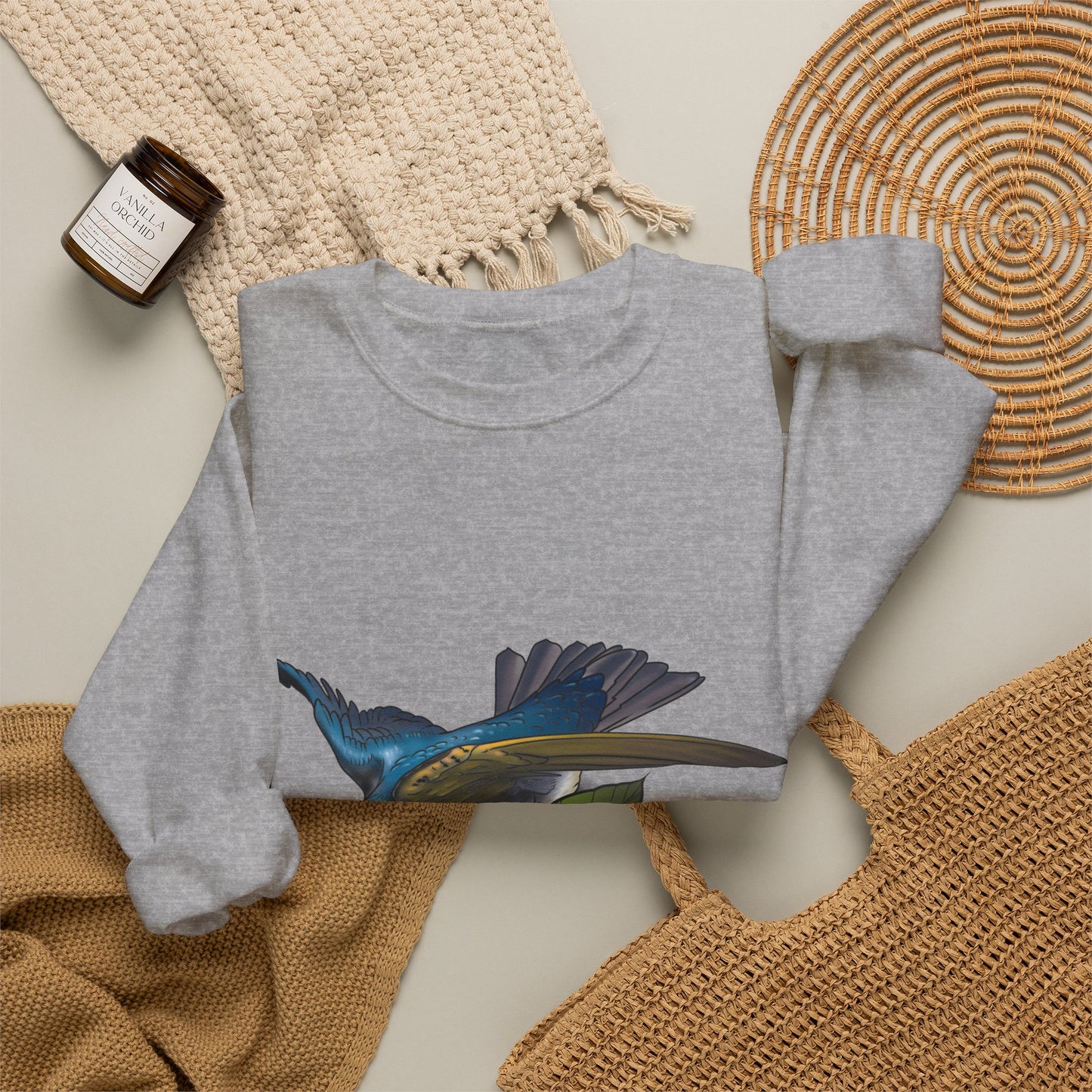 Swallow & Hibiscus Crewneck Sweatshirt — Tropical Bird Graphic Pullover