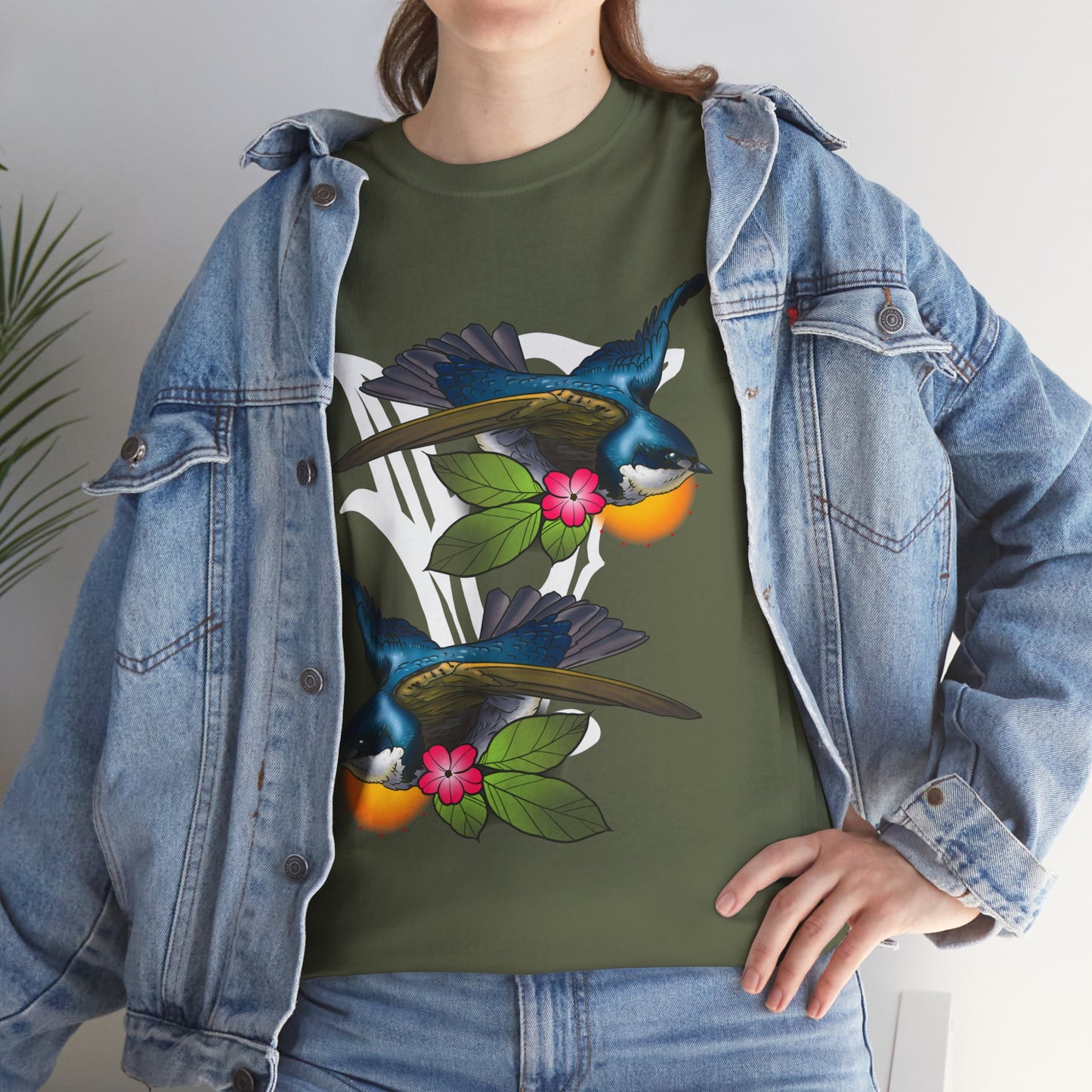 Bird Skull & Swallow Art Tee — Vibrant Blue Bird Illustration T-Shirt
