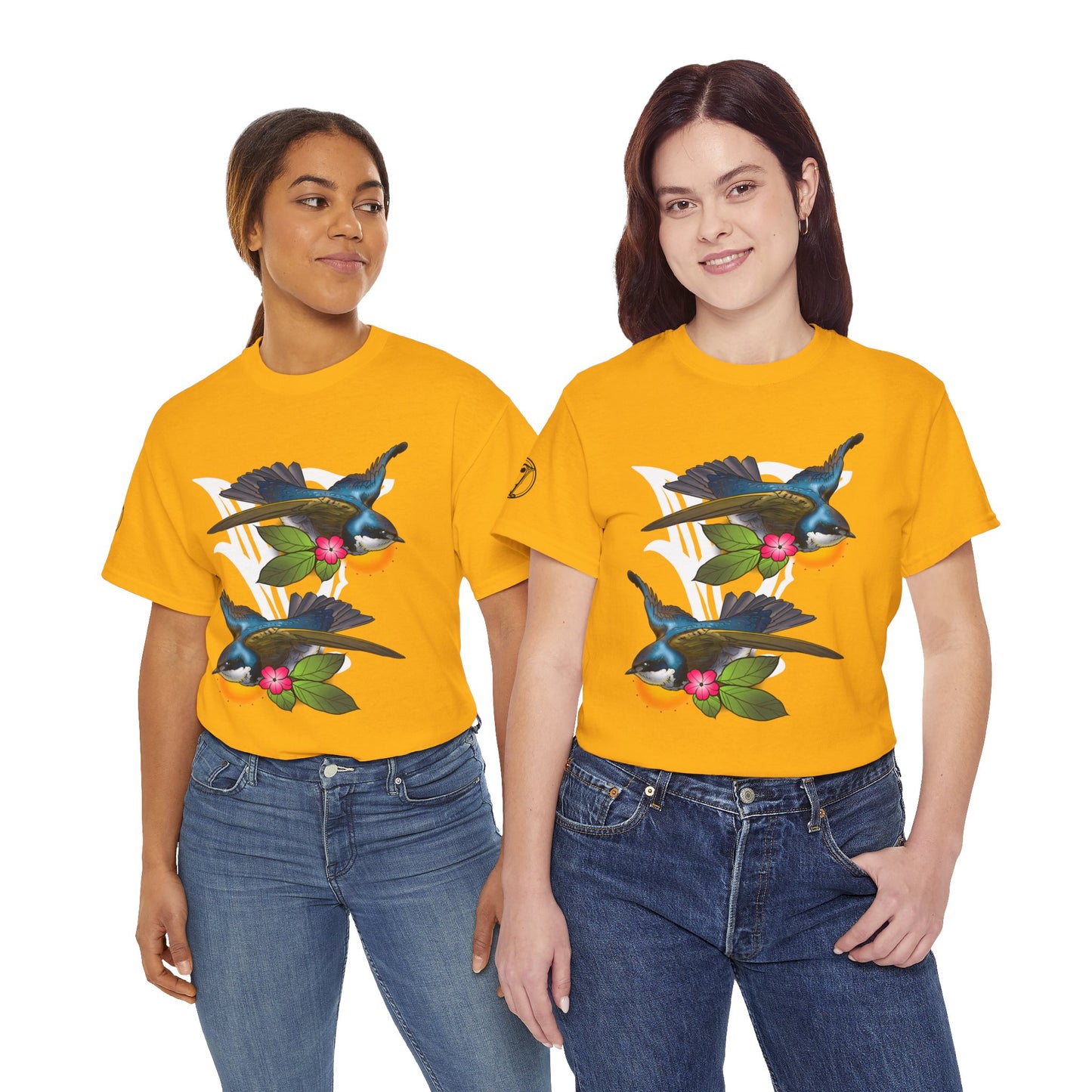 Bird Skull & Swallow Art Tee — Vibrant Blue Bird Illustration T-Shirt