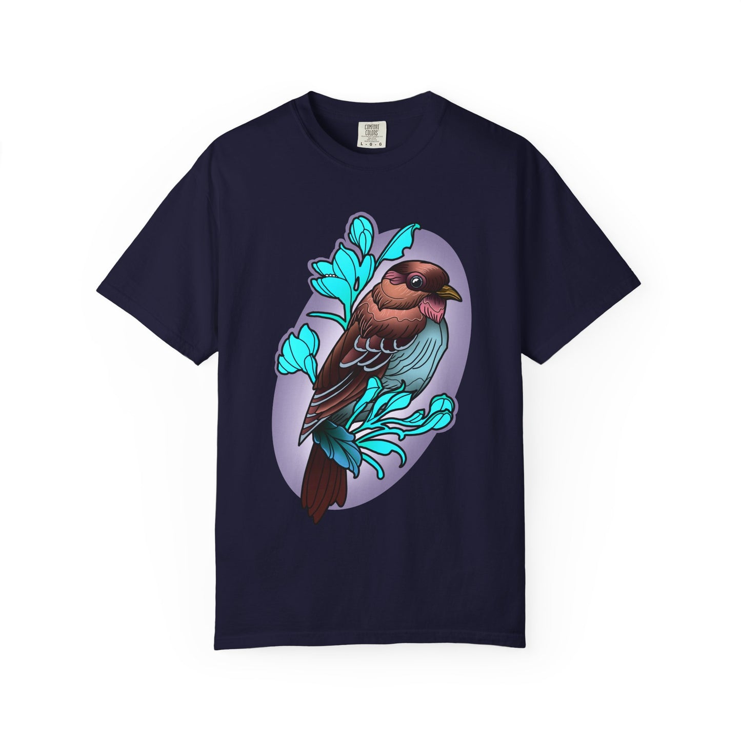 Bird Illustration T-Shirt — Colorful Sparrow on Floral Branch Tee