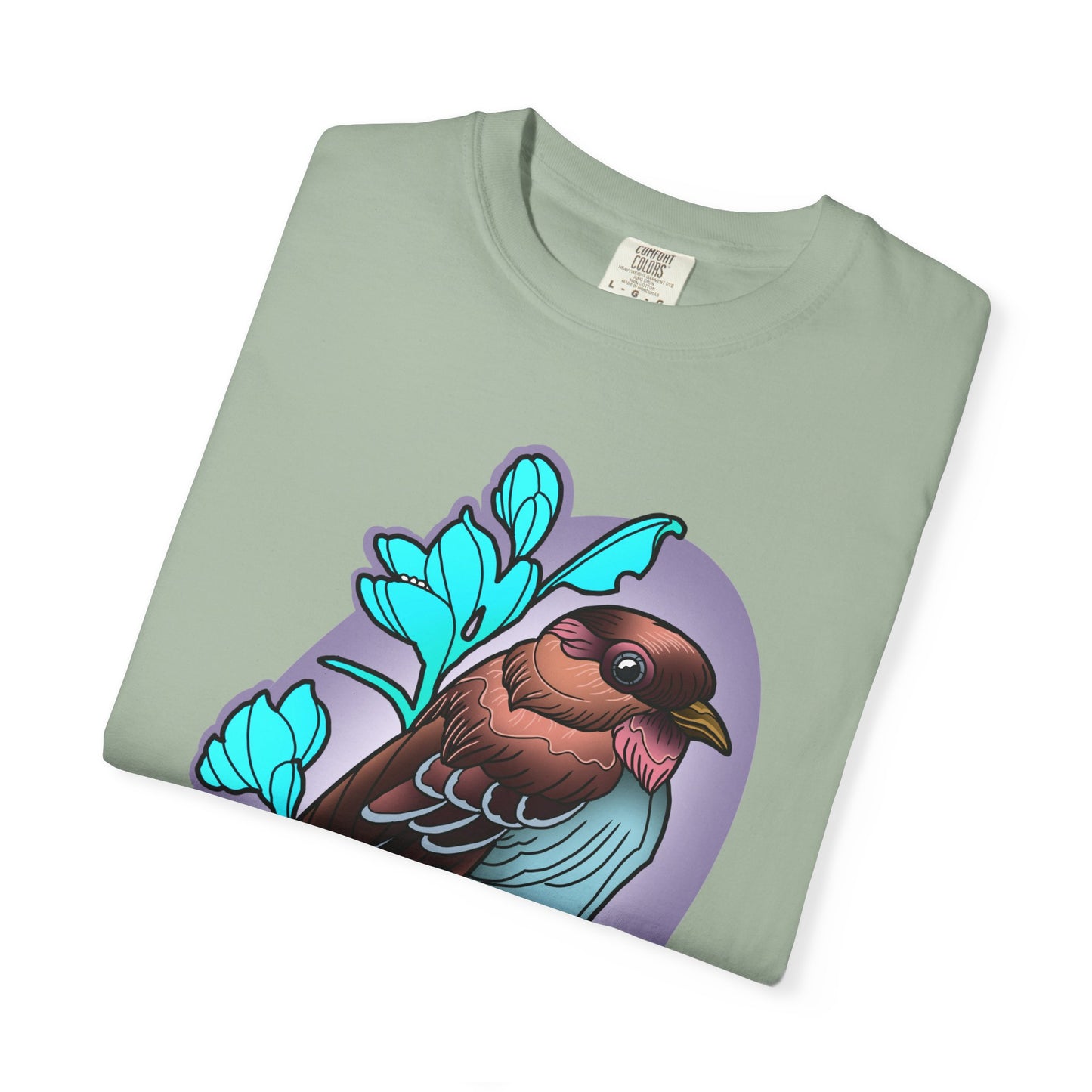 Bird Illustration T-Shirt — Colorful Sparrow on Floral Branch Tee