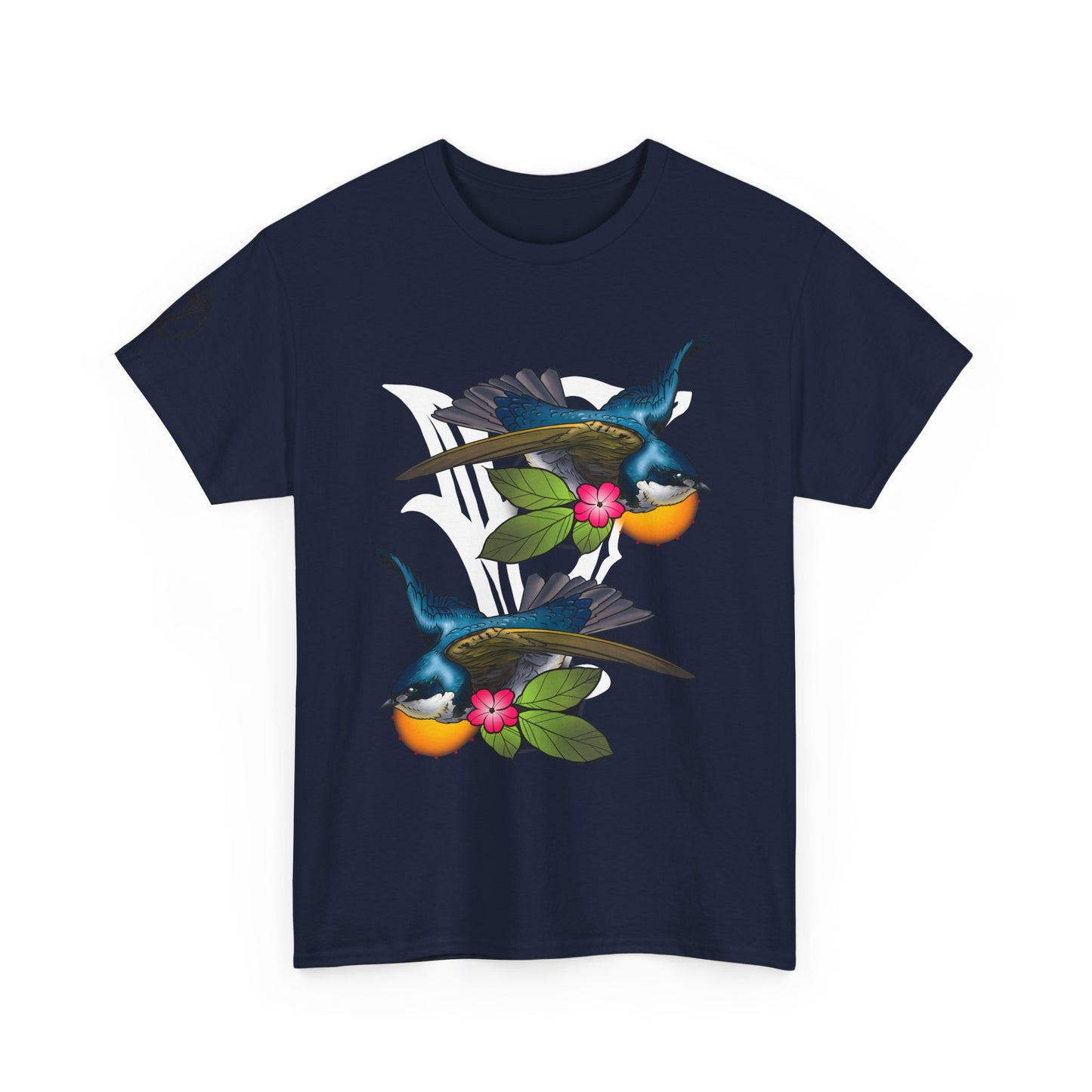 Bird Skull & Swallow Art Tee — Vibrant Blue Bird Illustration T-Shirt