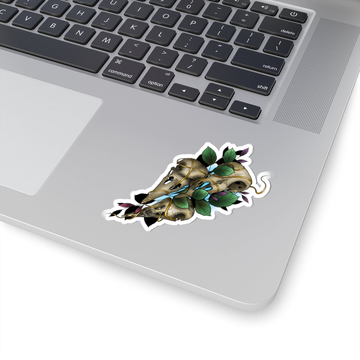 Skull & Vines Kiss-Cut Sticker — Botanical Raven Skull Laptop Decal