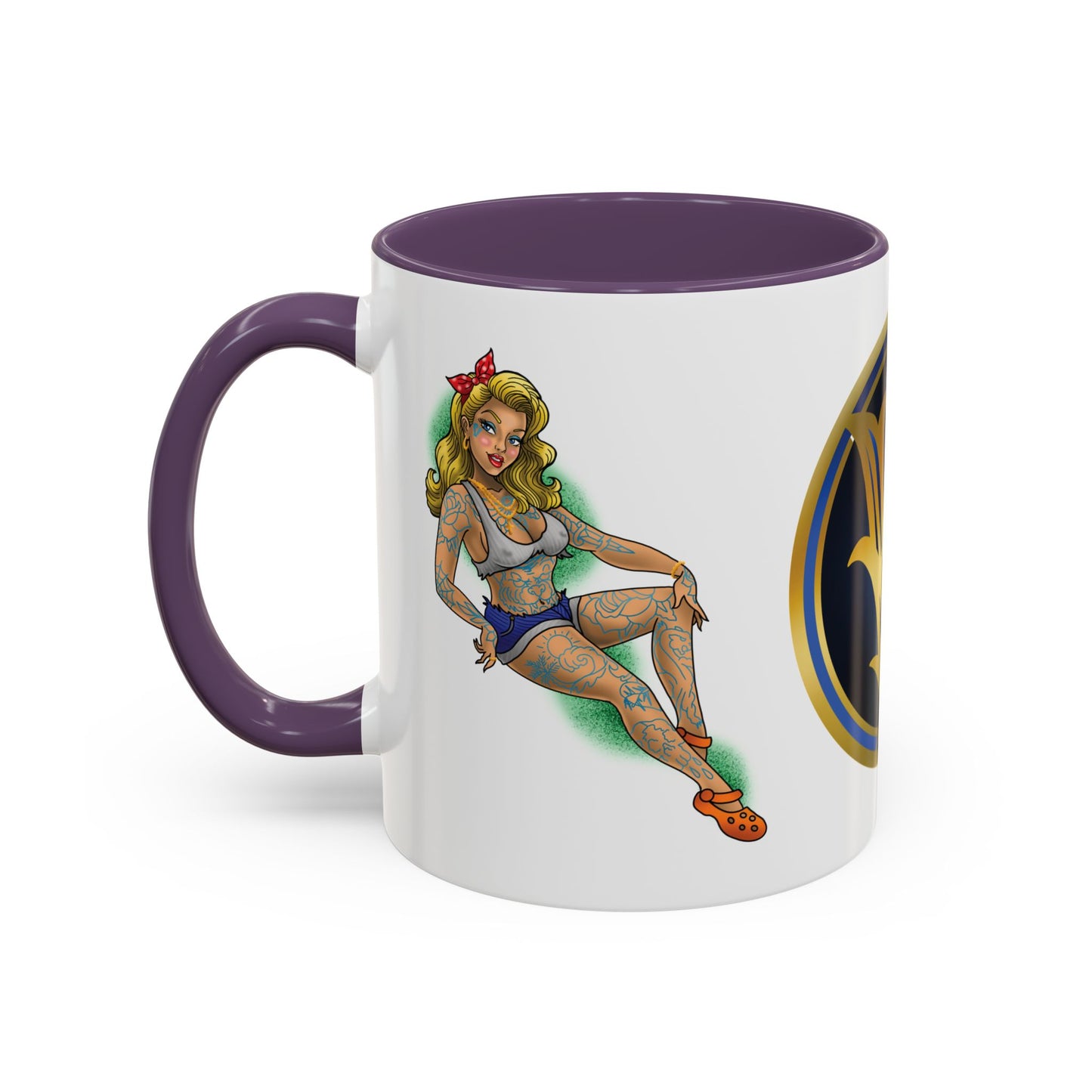 Vintage Pin-Up Coffee Mug with Gold Monogram V — Retro Tattoo Style Accent Mug (11/15oz)