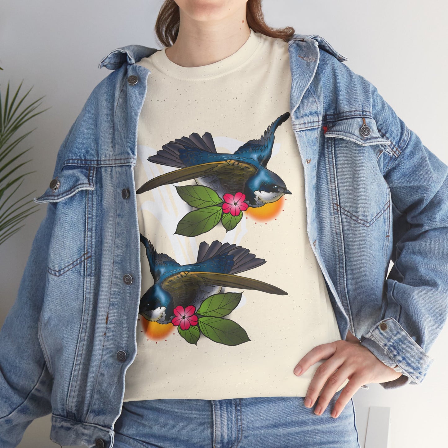 Bird Skull & Swallow Art Tee — Vibrant Blue Bird Illustration T-Shirt