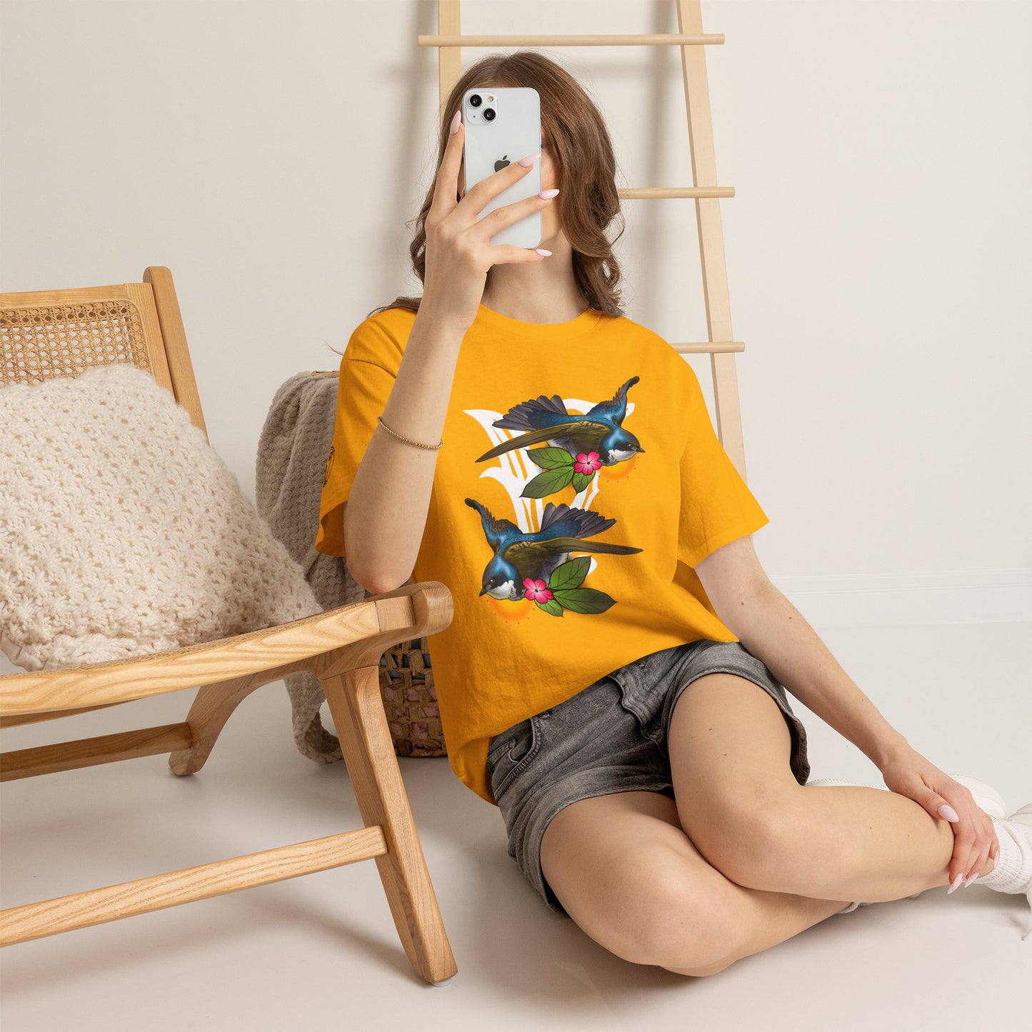 Bird Skull & Swallow Art Tee — Vibrant Blue Bird Illustration T-Shirt