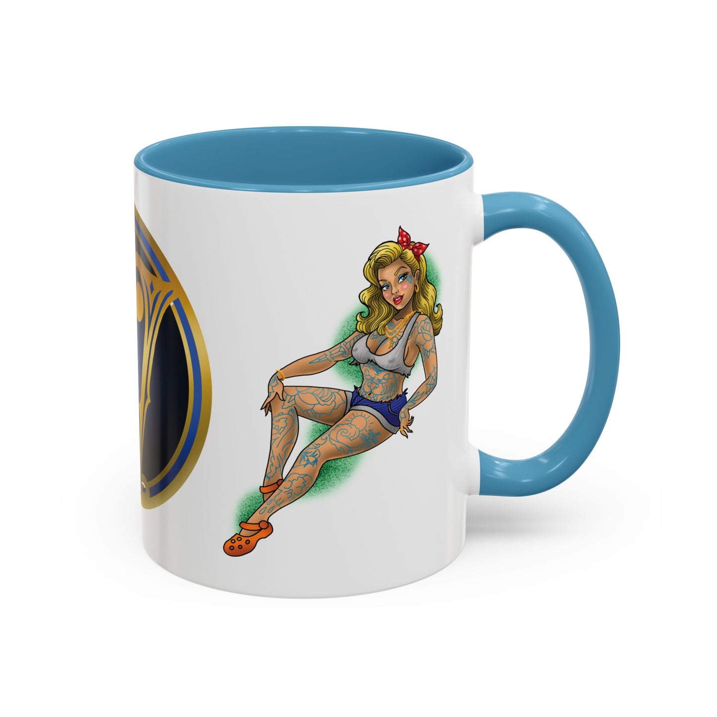 Vintage Pin-Up Coffee Mug with Gold Monogram V — Retro Tattoo Style Accent Mug (11/15oz)