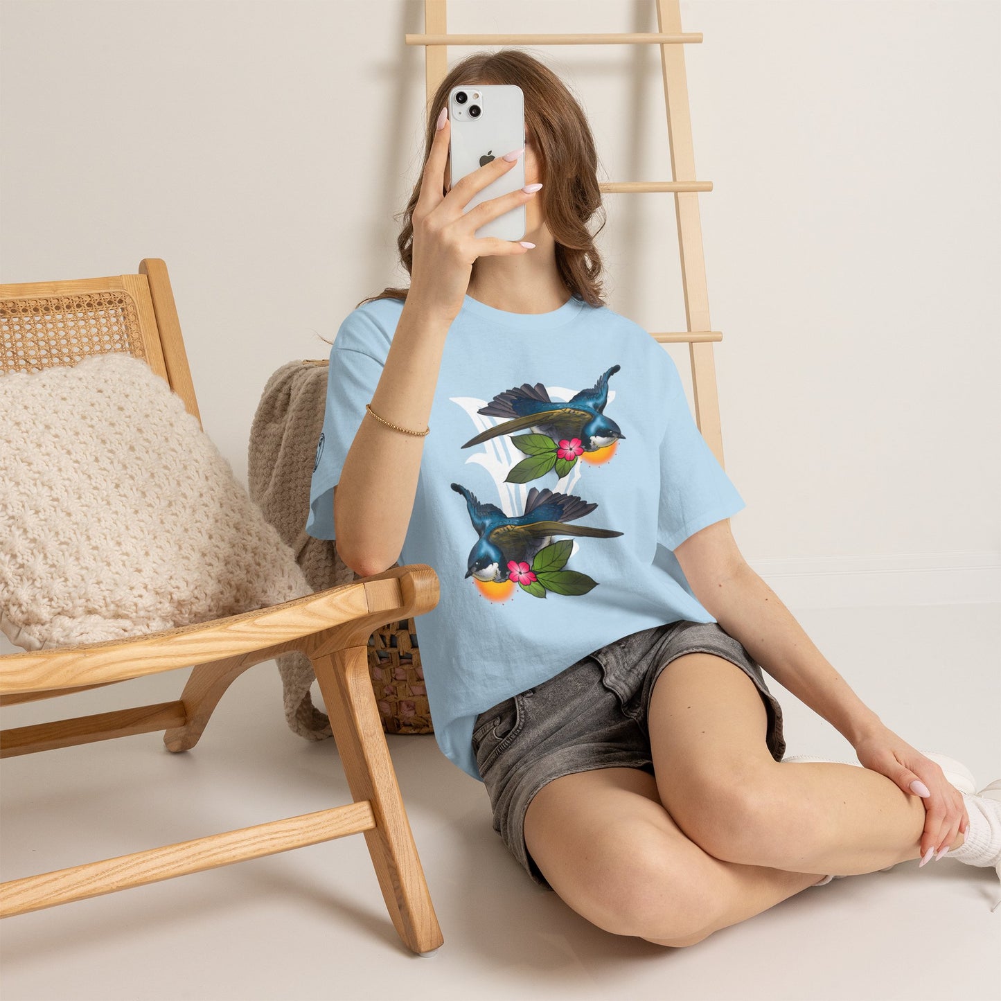 Bird Skull & Swallow Art Tee — Vibrant Blue Bird Illustration T-Shirt