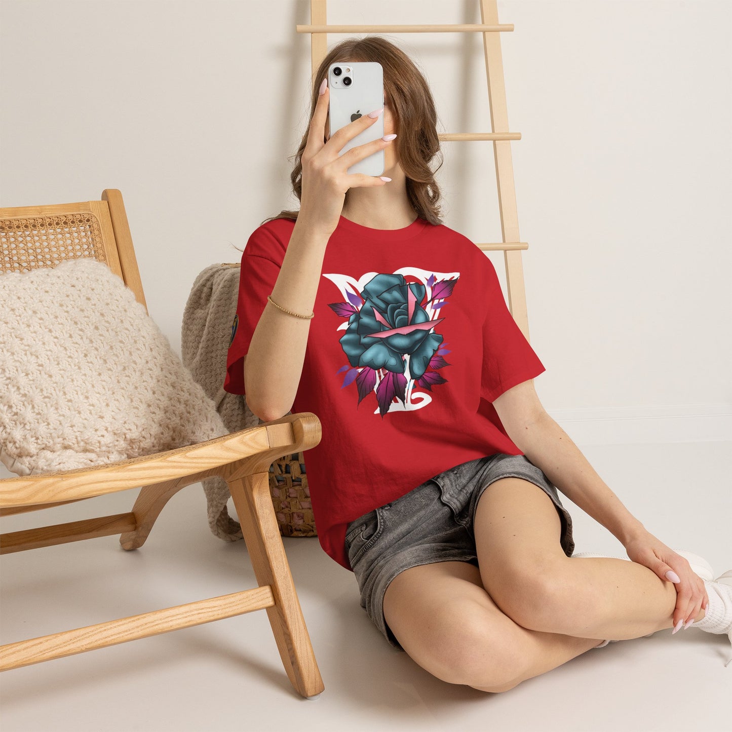 Blue & Pink Rose Graphic Tee — Vintage Floral Tattoo Shirt