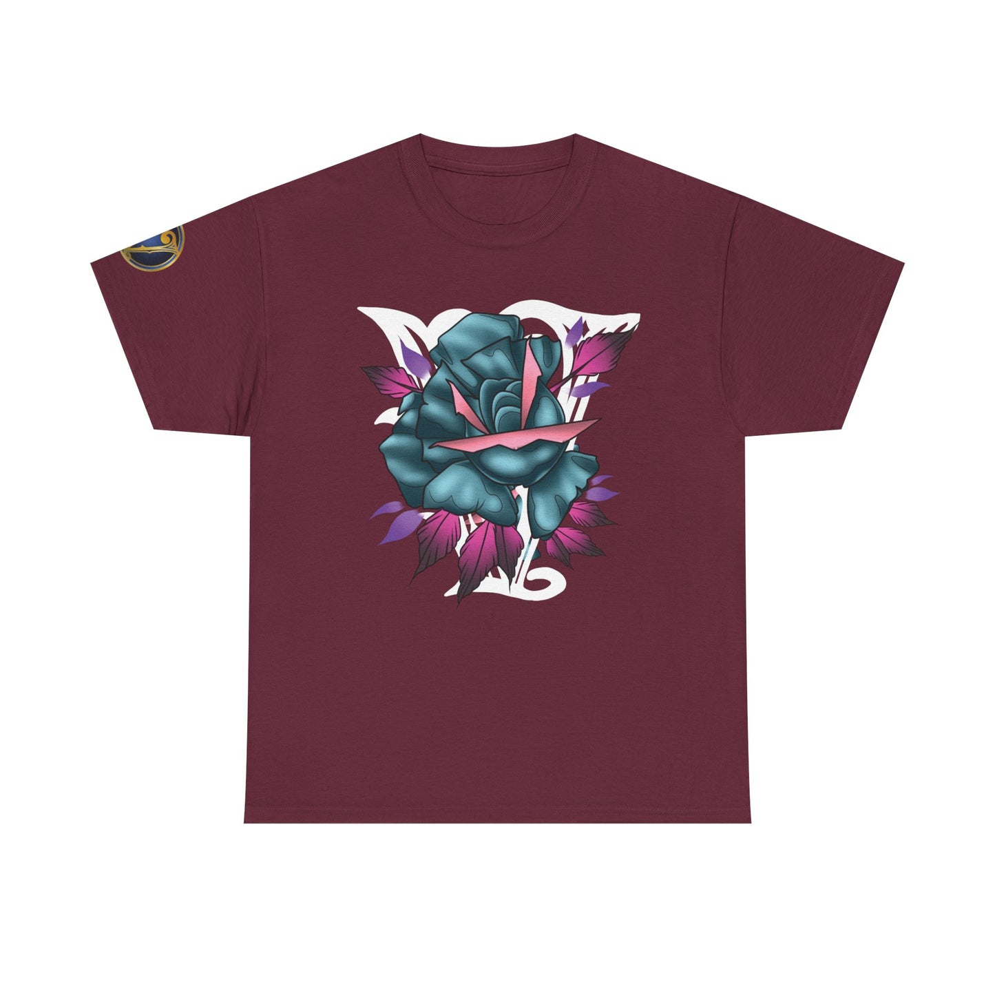 Blue & Pink Rose Graphic Tee — Vintage Floral Tattoo Shirt