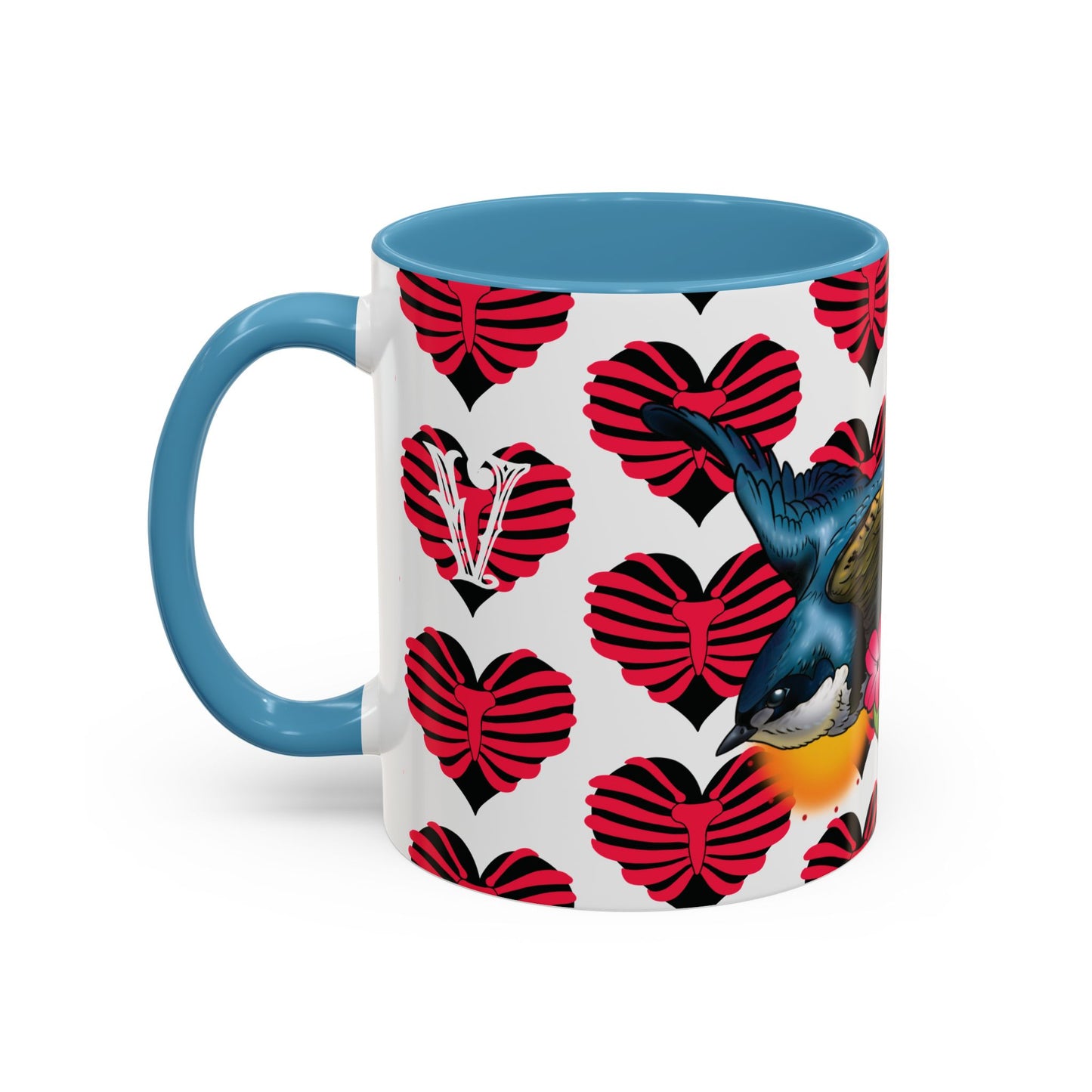 Bird & Hearts Accent Coffee Mug – Colorful Songbird Pattern (11/15oz)