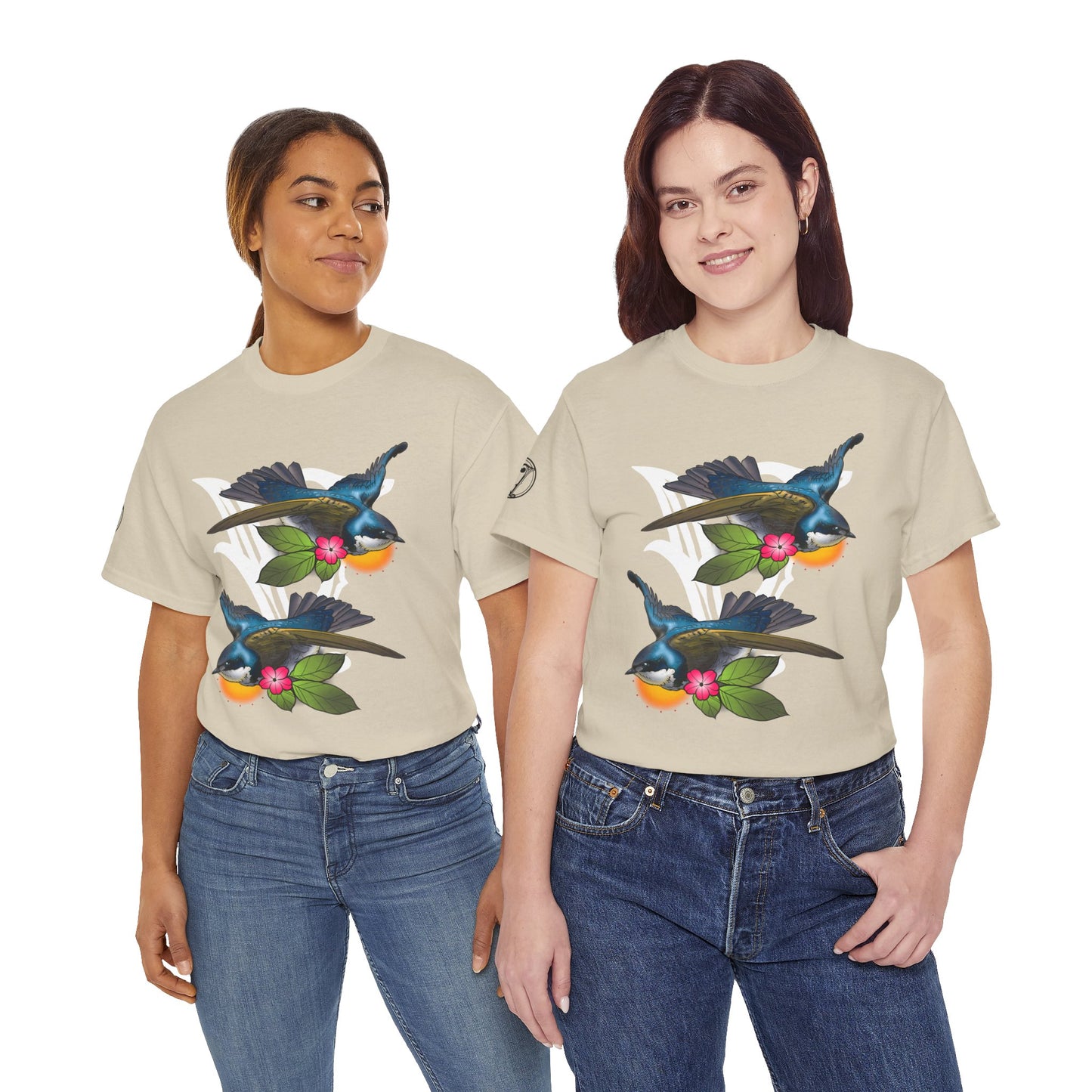 Bird Skull & Swallow Art Tee — Vibrant Blue Bird Illustration T-Shirt