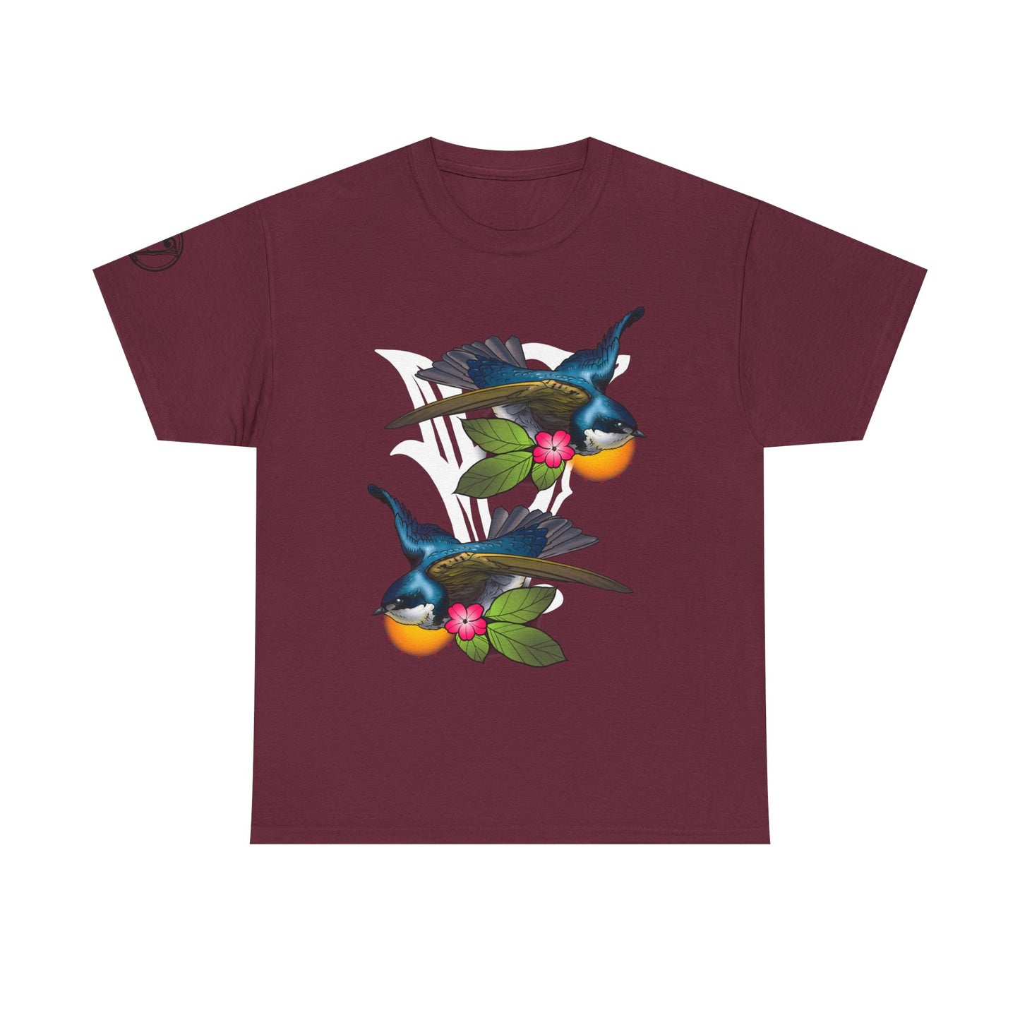Bird Skull & Swallow Art Tee — Vibrant Blue Bird Illustration T-Shirt