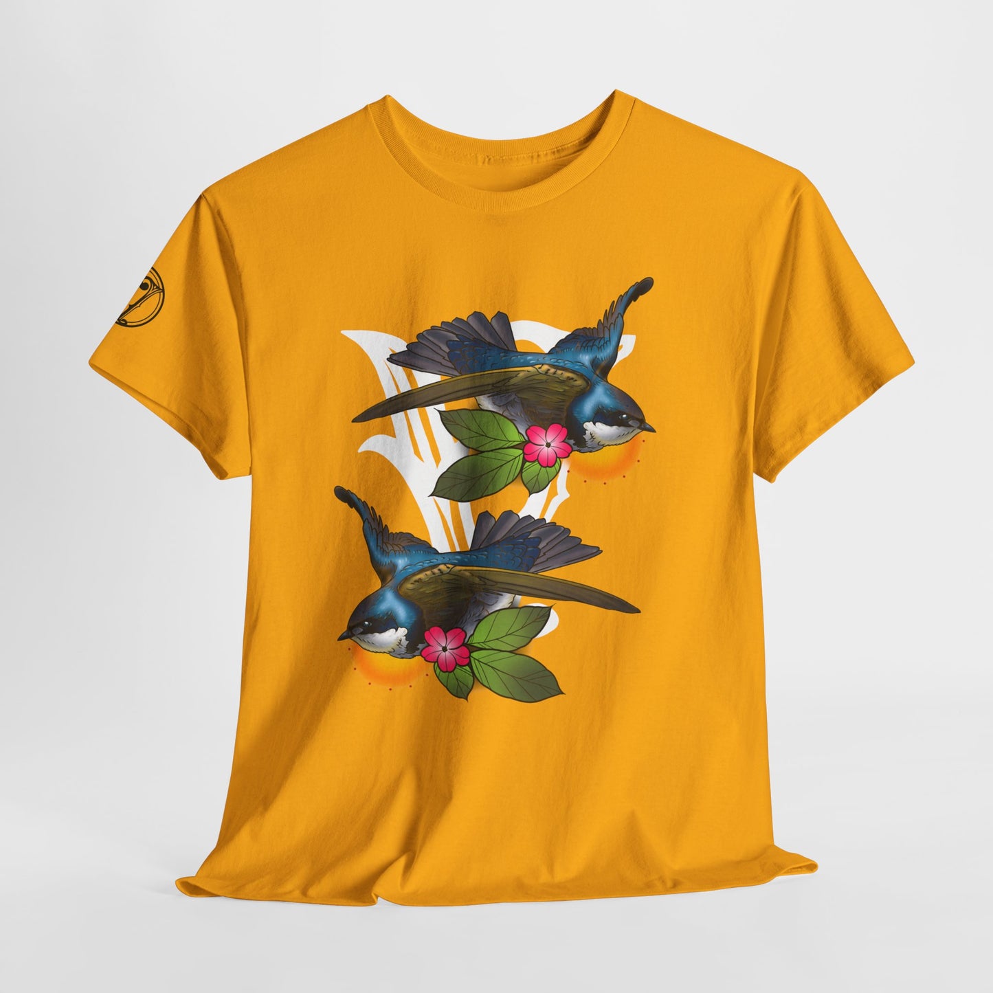 Bird Skull & Swallow Art Tee — Vibrant Blue Bird Illustration T-Shirt
