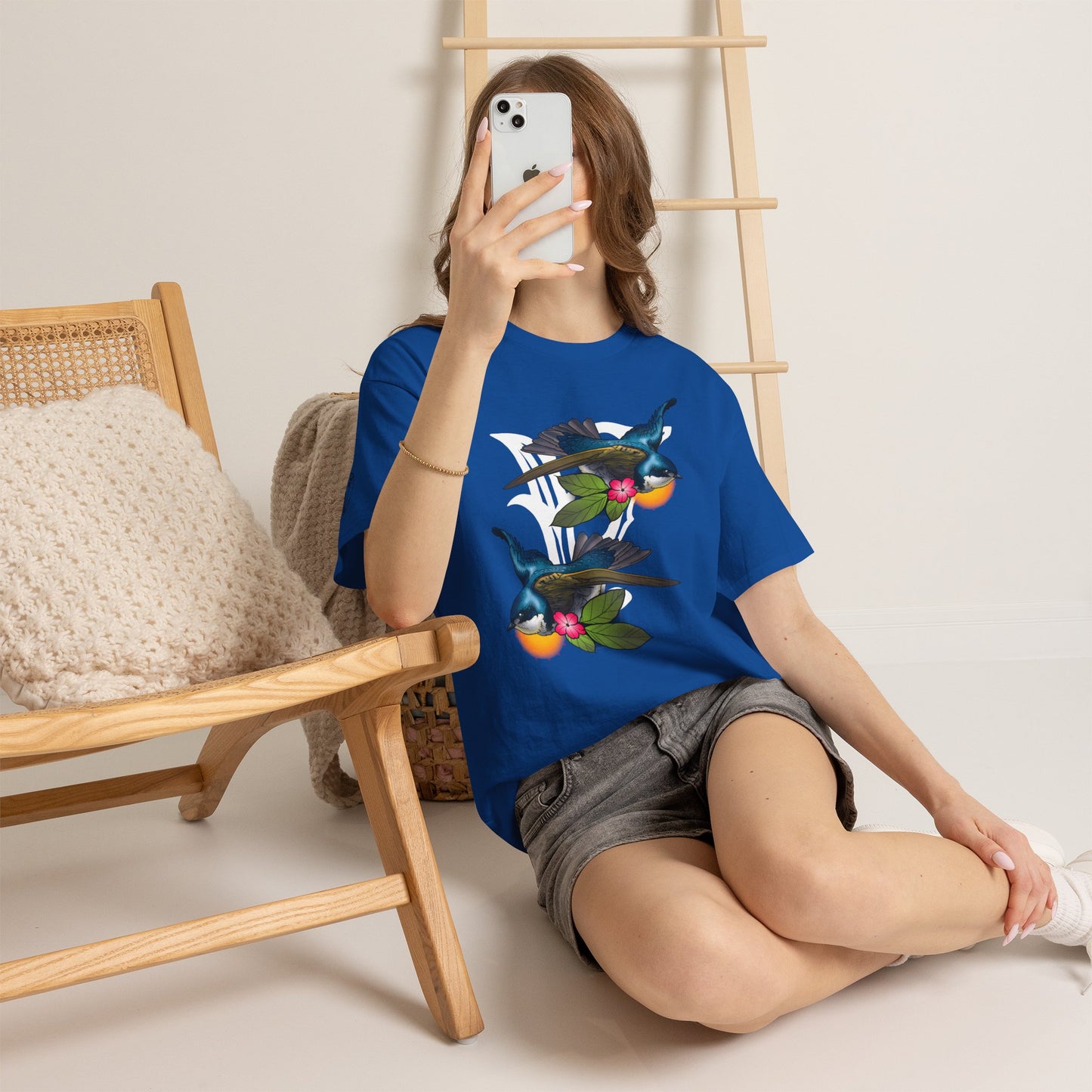 Bird Skull & Swallow Art Tee — Vibrant Blue Bird Illustration T-Shirt
