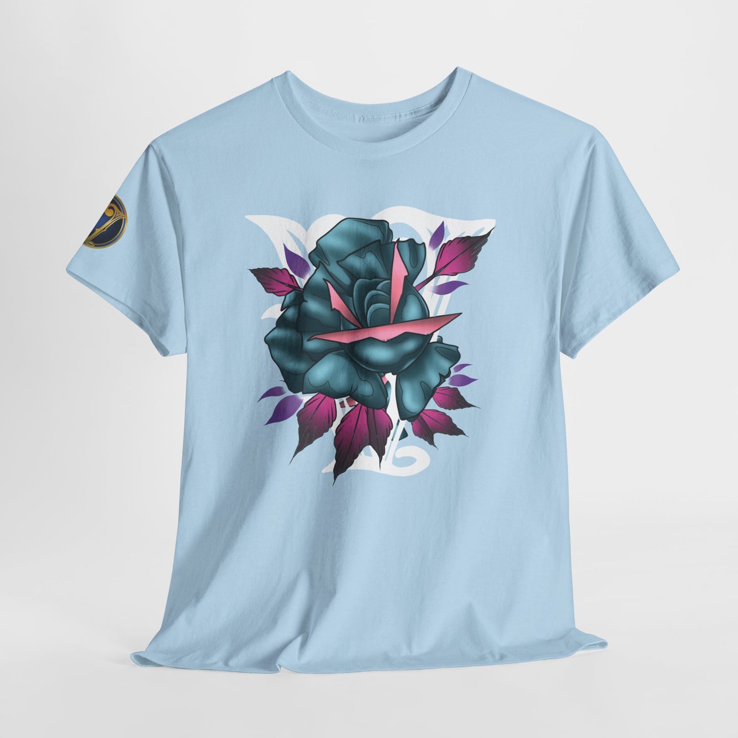 Blue & Pink Rose Graphic Tee — Vintage Floral Tattoo Shirt