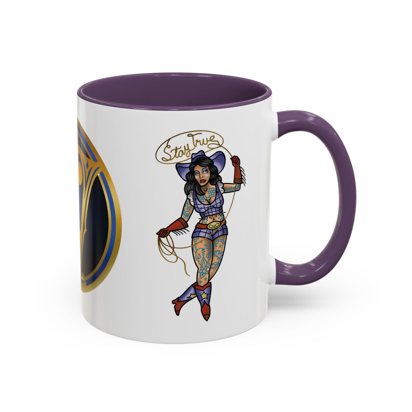 Accent Coffee Mug — Vintage Gold 'V' Monogram & Pin-Up Cowgirl Illustration (11oz/15oz)