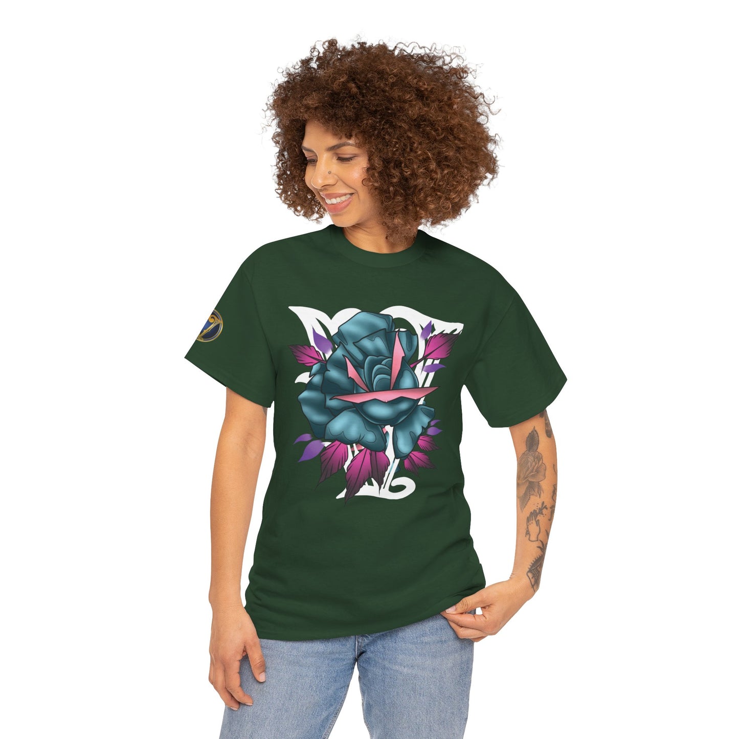 Blue & Pink Rose Graphic Tee — Vintage Floral Tattoo Shirt