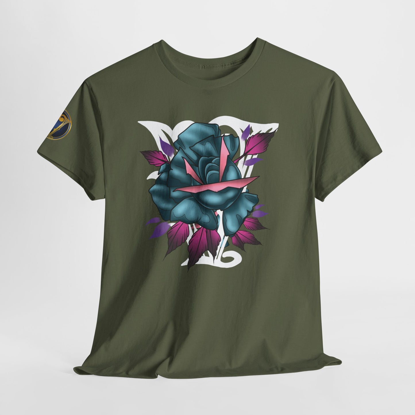 Blue & Pink Rose Graphic Tee — Vintage Floral Tattoo Shirt