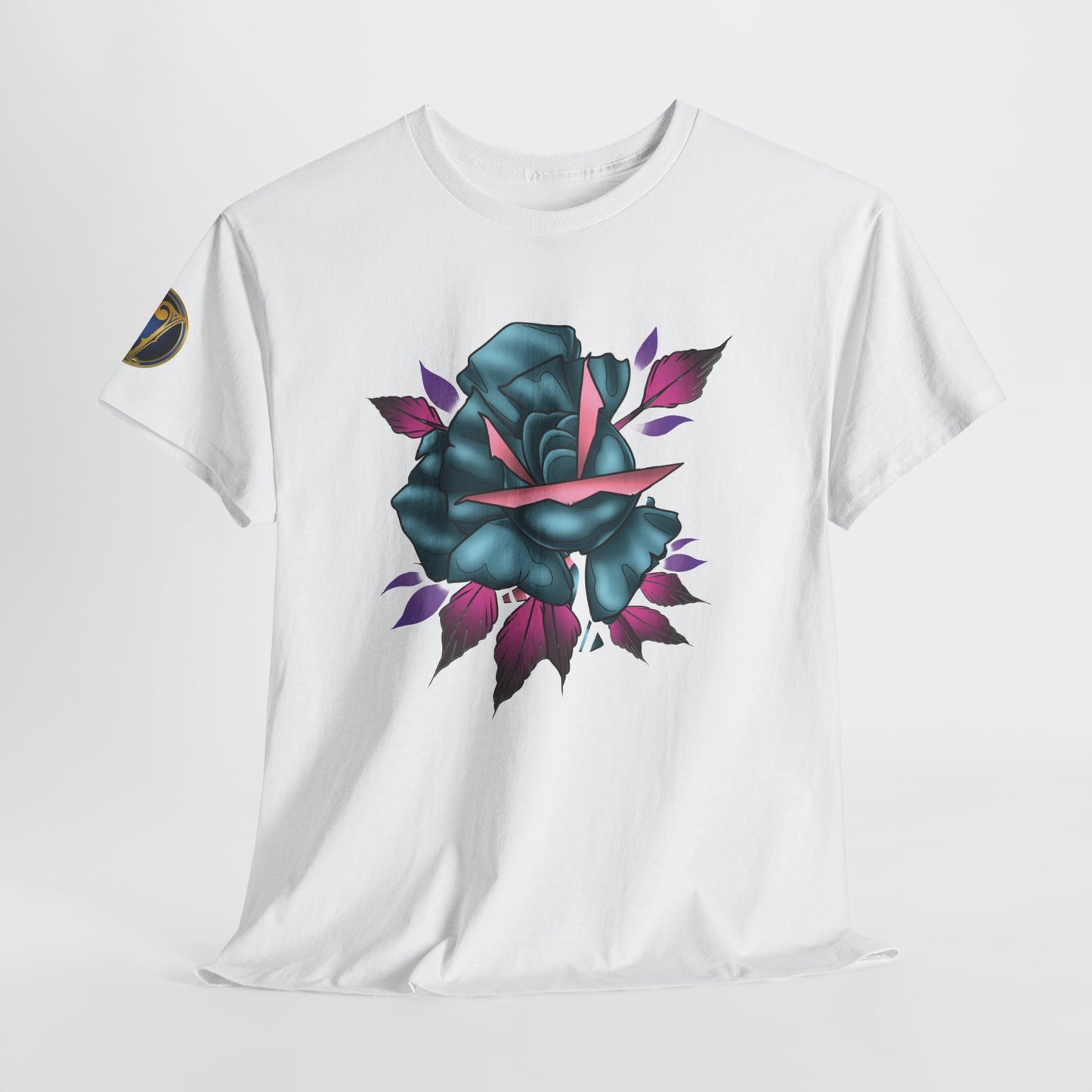 Blue & Pink Rose Graphic Tee — Vintage Floral Tattoo Shirt