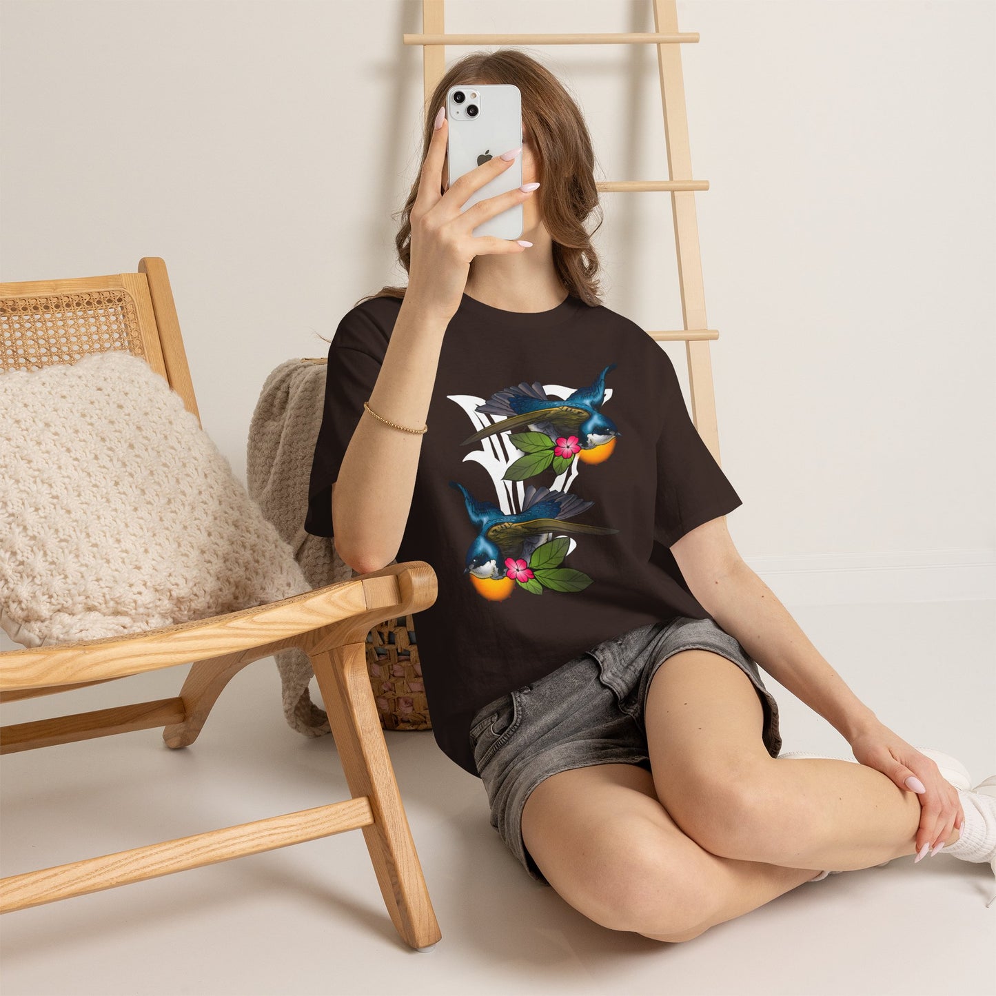 Bird Skull & Swallow Art Tee — Vibrant Blue Bird Illustration T-Shirt