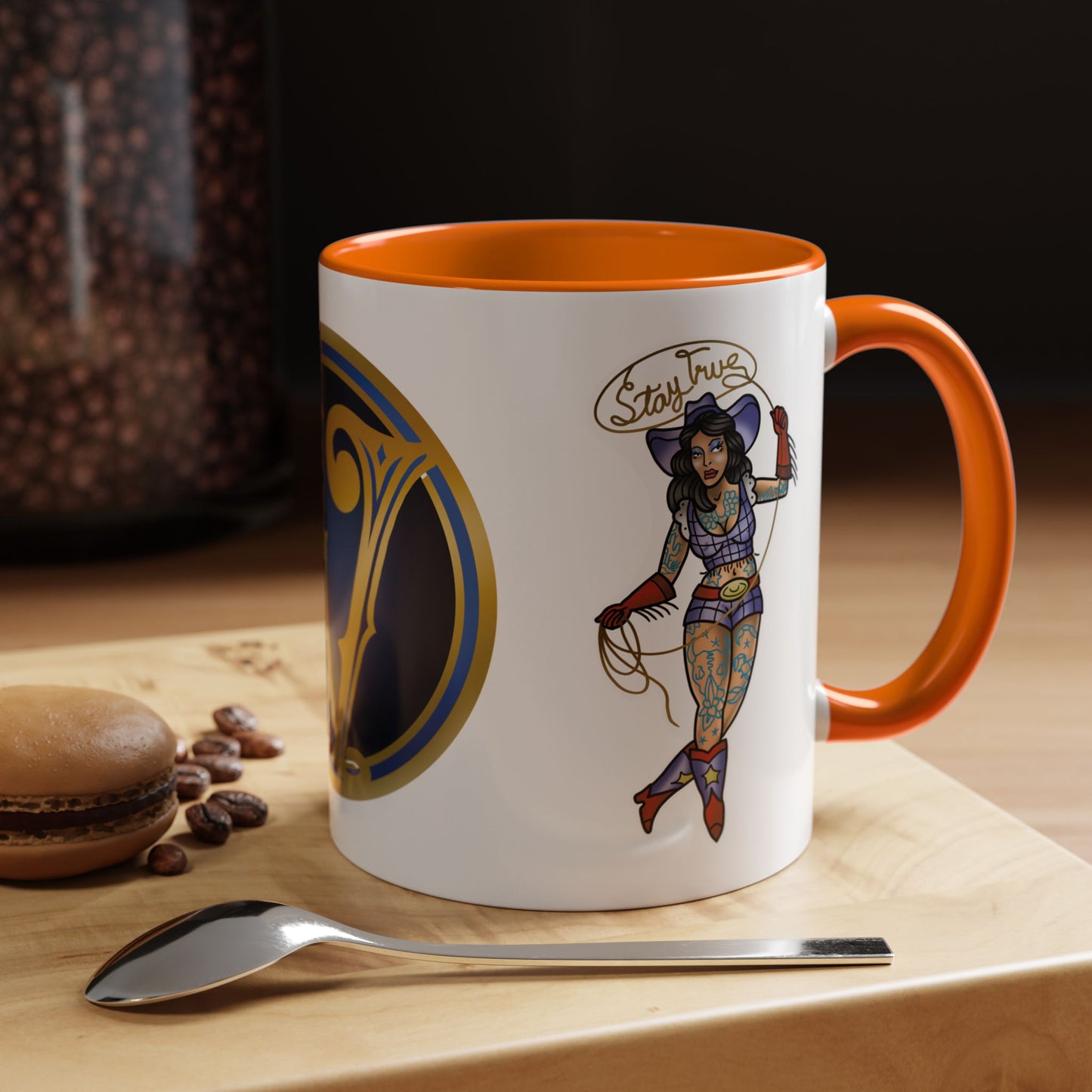 Accent Coffee Mug — Vintage Gold 'V' Monogram & Pin-Up Cowgirl Illustration (11oz/15oz)
