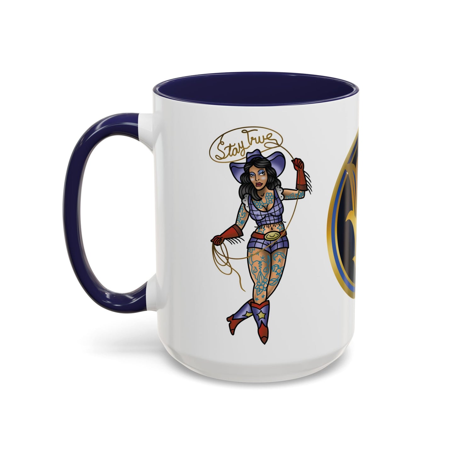 Accent Coffee Mug — Vintage Gold 'V' Monogram & Pin-Up Cowgirl Illustration (11oz/15oz)