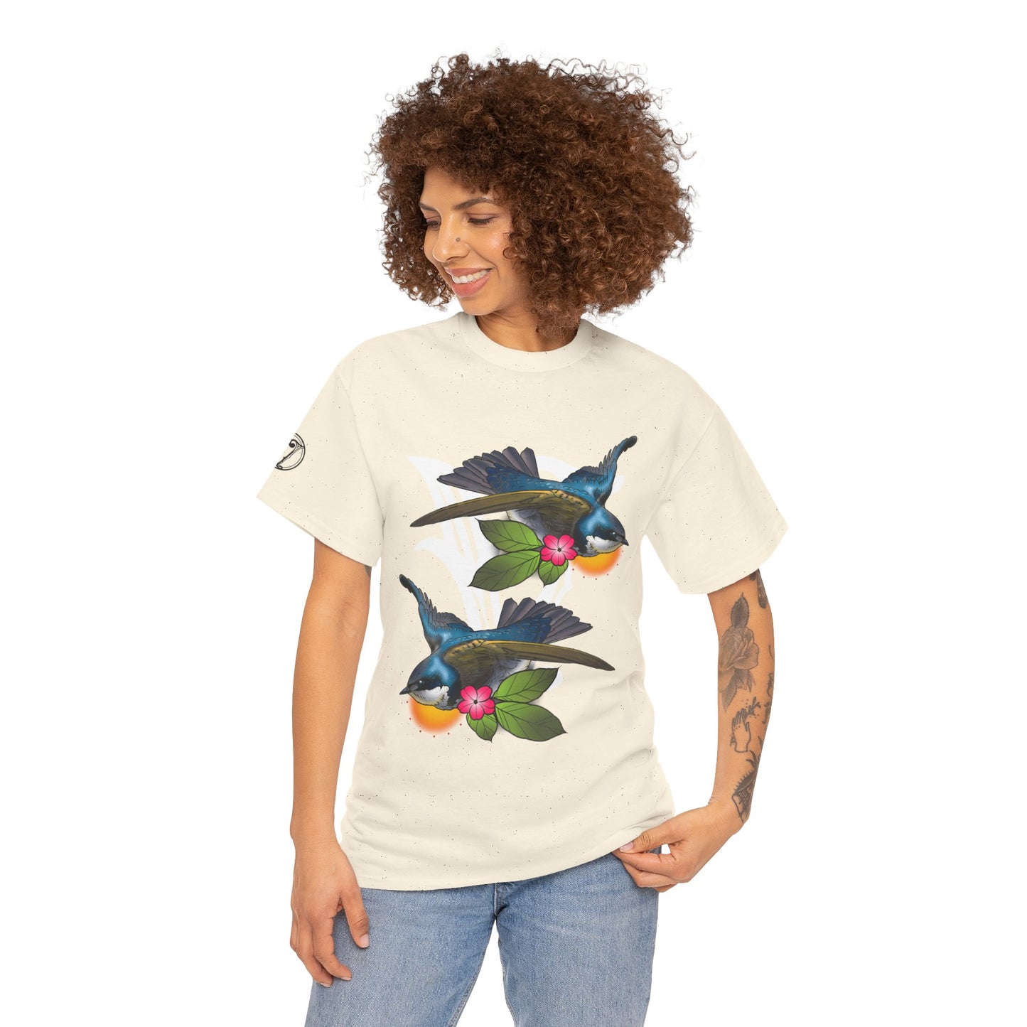 Bird Skull & Swallow Art Tee — Vibrant Blue Bird Illustration T-Shirt