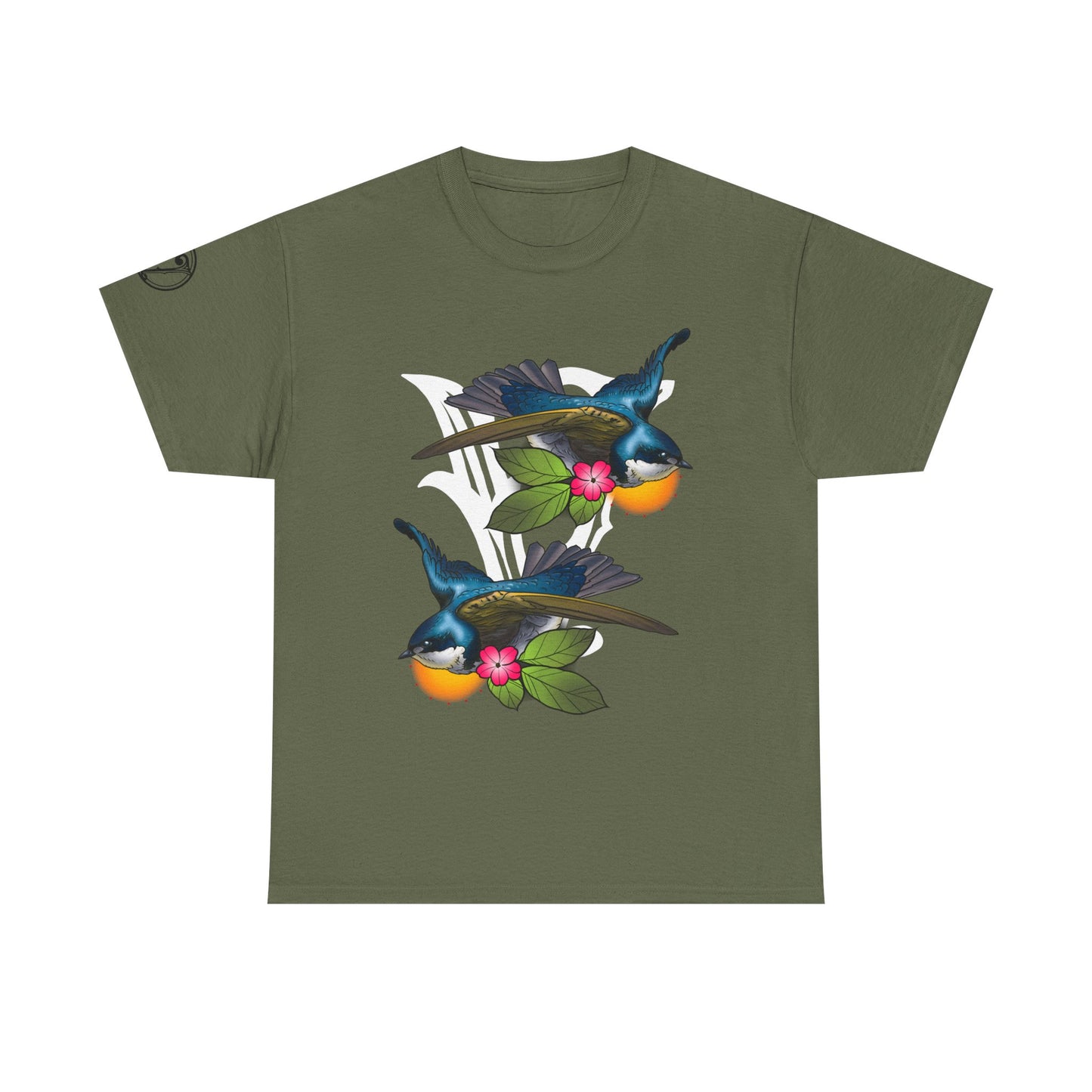 Bird Skull & Swallow Art Tee — Vibrant Blue Bird Illustration T-Shirt