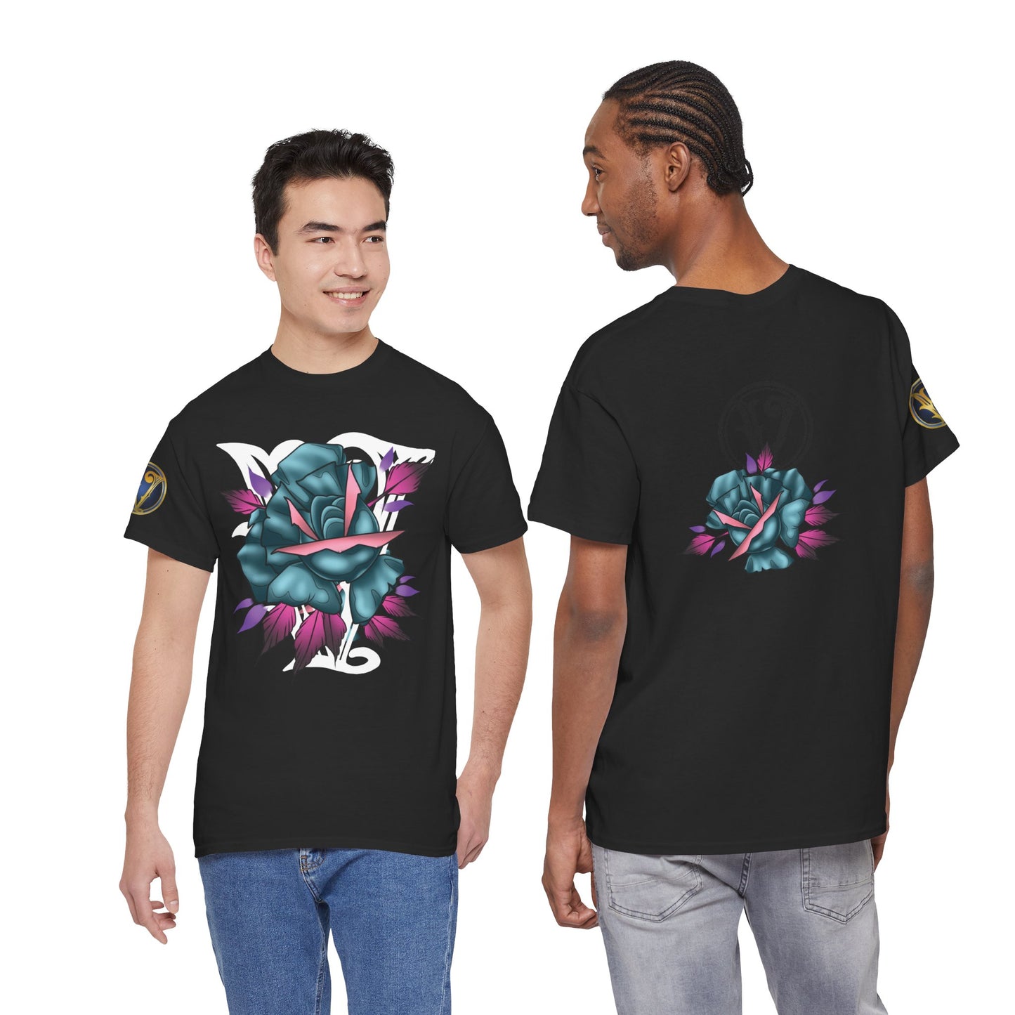 Blue & Pink Rose Graphic Tee — Vintage Floral Tattoo Shirt