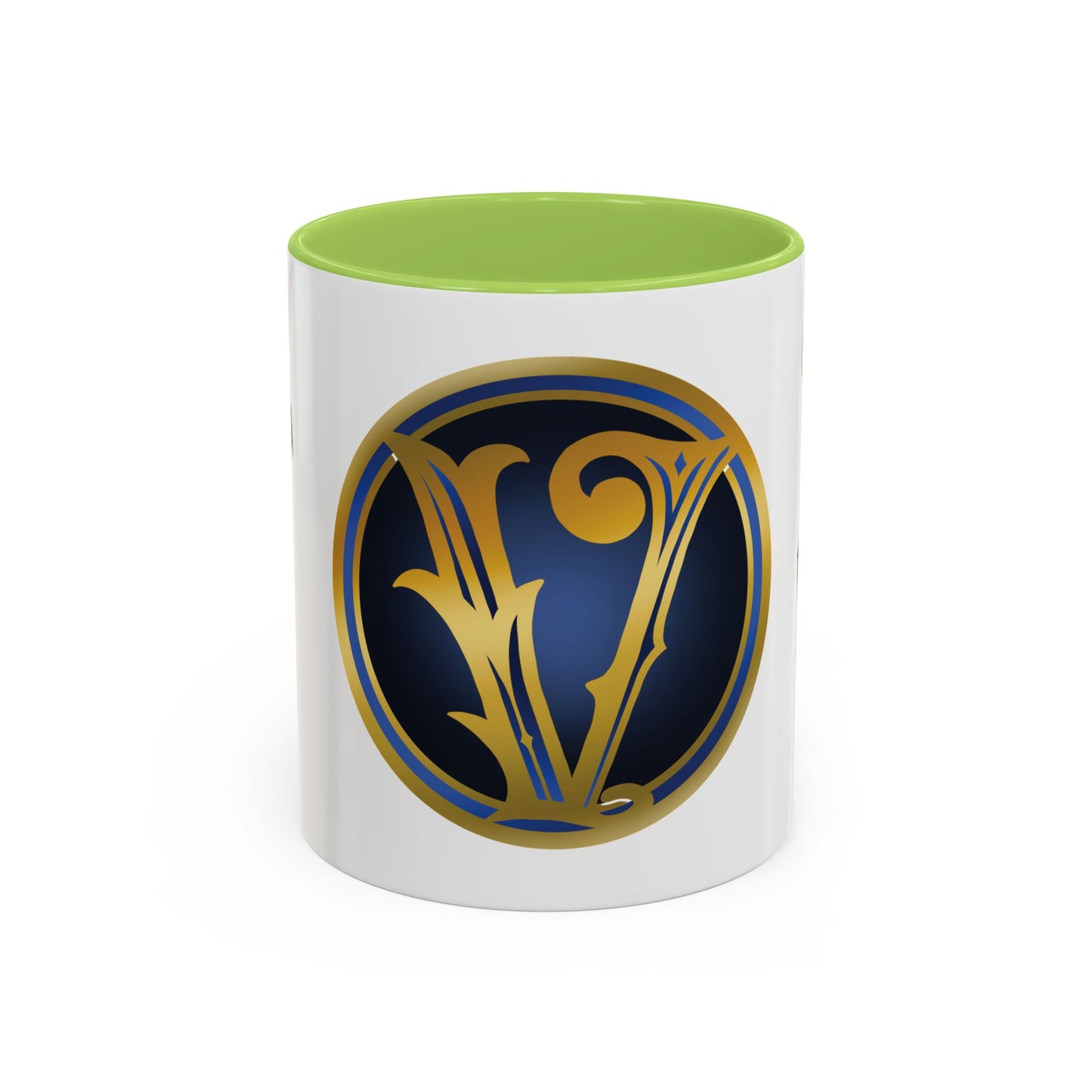 Accent Coffee Mug — Vintage Gold 'V' Monogram & Pin-Up Cowgirl Illustration (11oz/15oz)