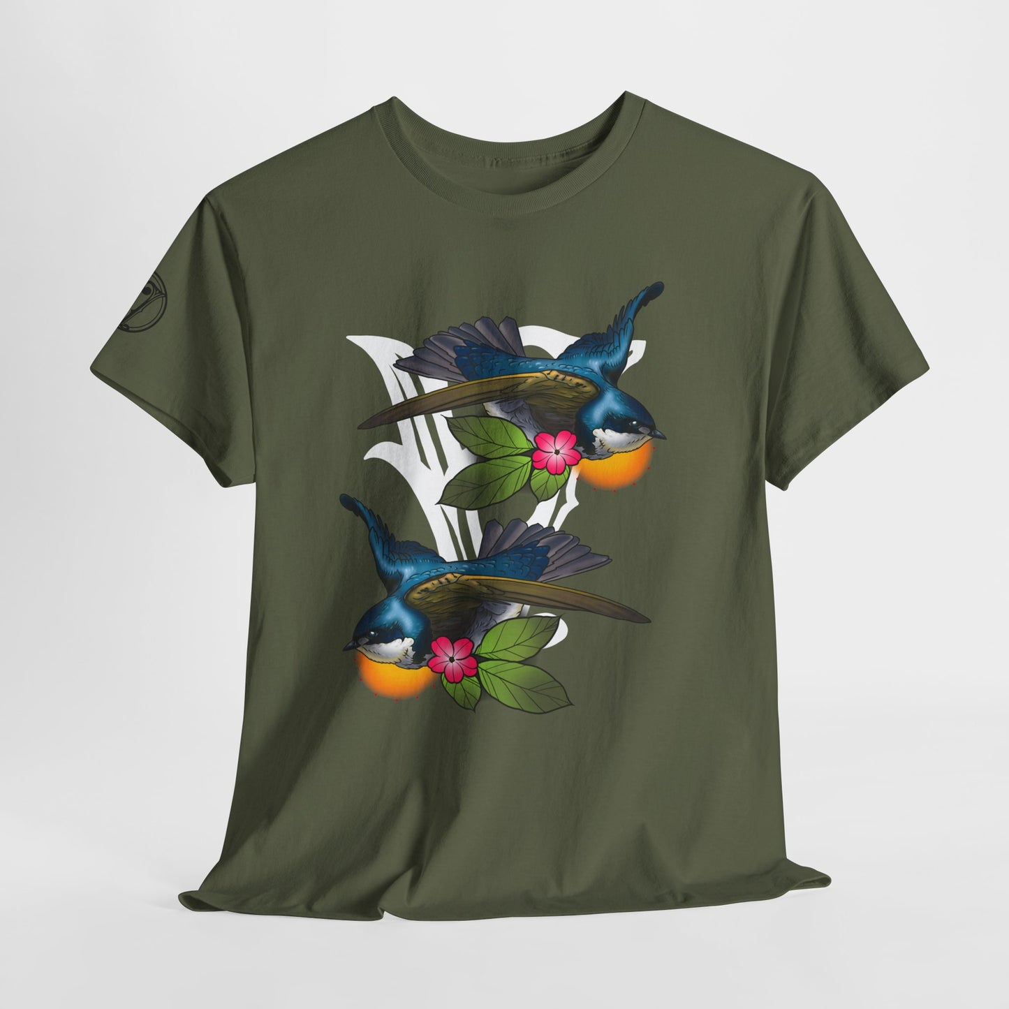 Bird Skull & Swallow Art Tee — Vibrant Blue Bird Illustration T-Shirt