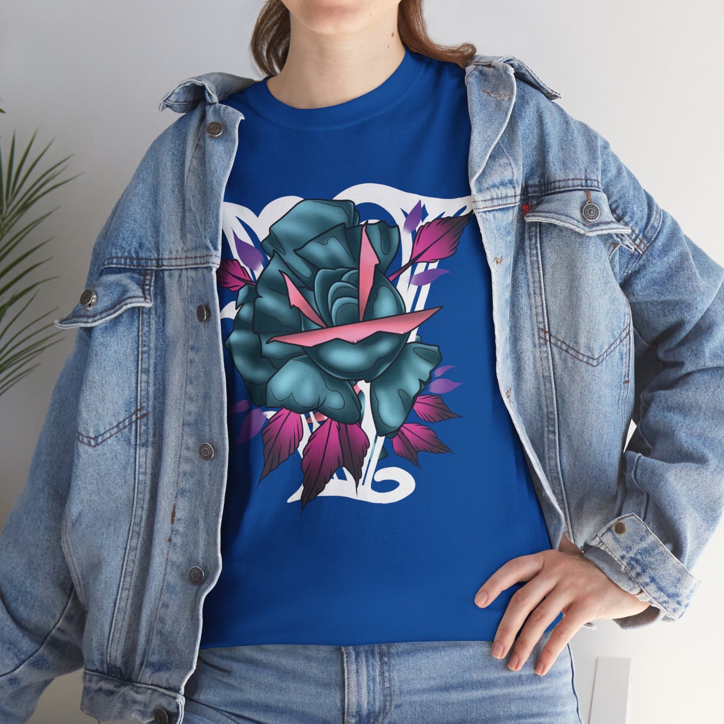 Blue & Pink Rose Graphic Tee — Vintage Floral Tattoo Shirt