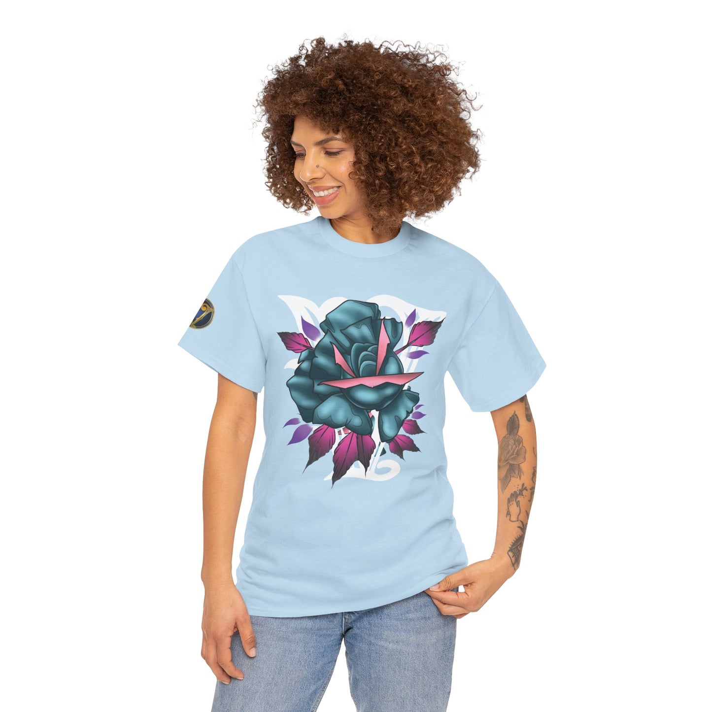 Blue & Pink Rose Graphic Tee — Vintage Floral Tattoo Shirt