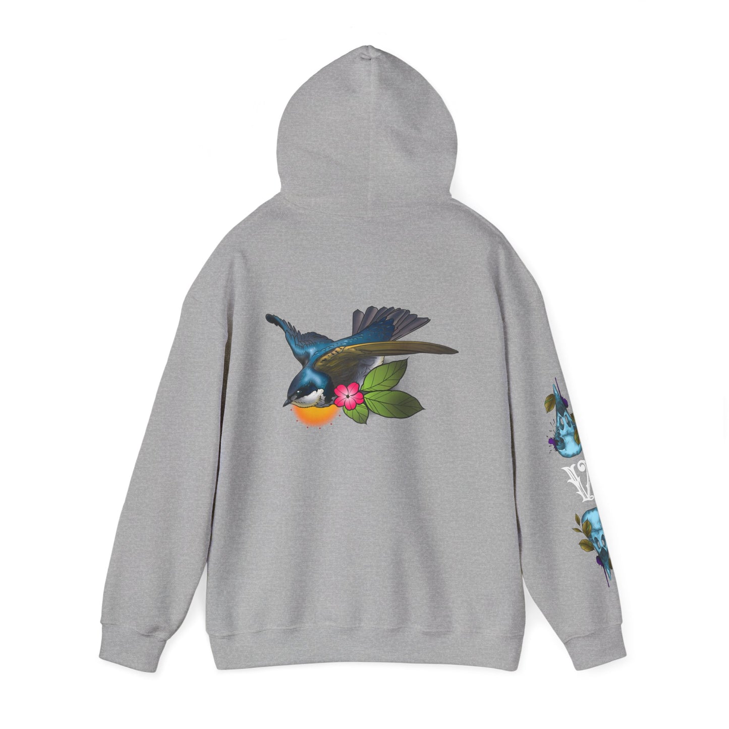 Swallow & Blossom Hoodie – Blue Bird Floral Graphic Sweatshirt