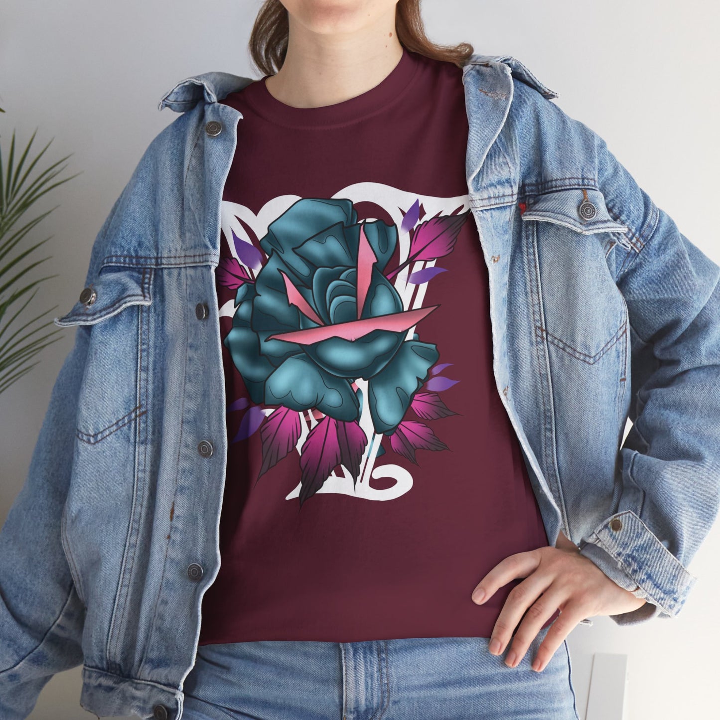 Blue & Pink Rose Graphic Tee — Vintage Floral Tattoo Shirt