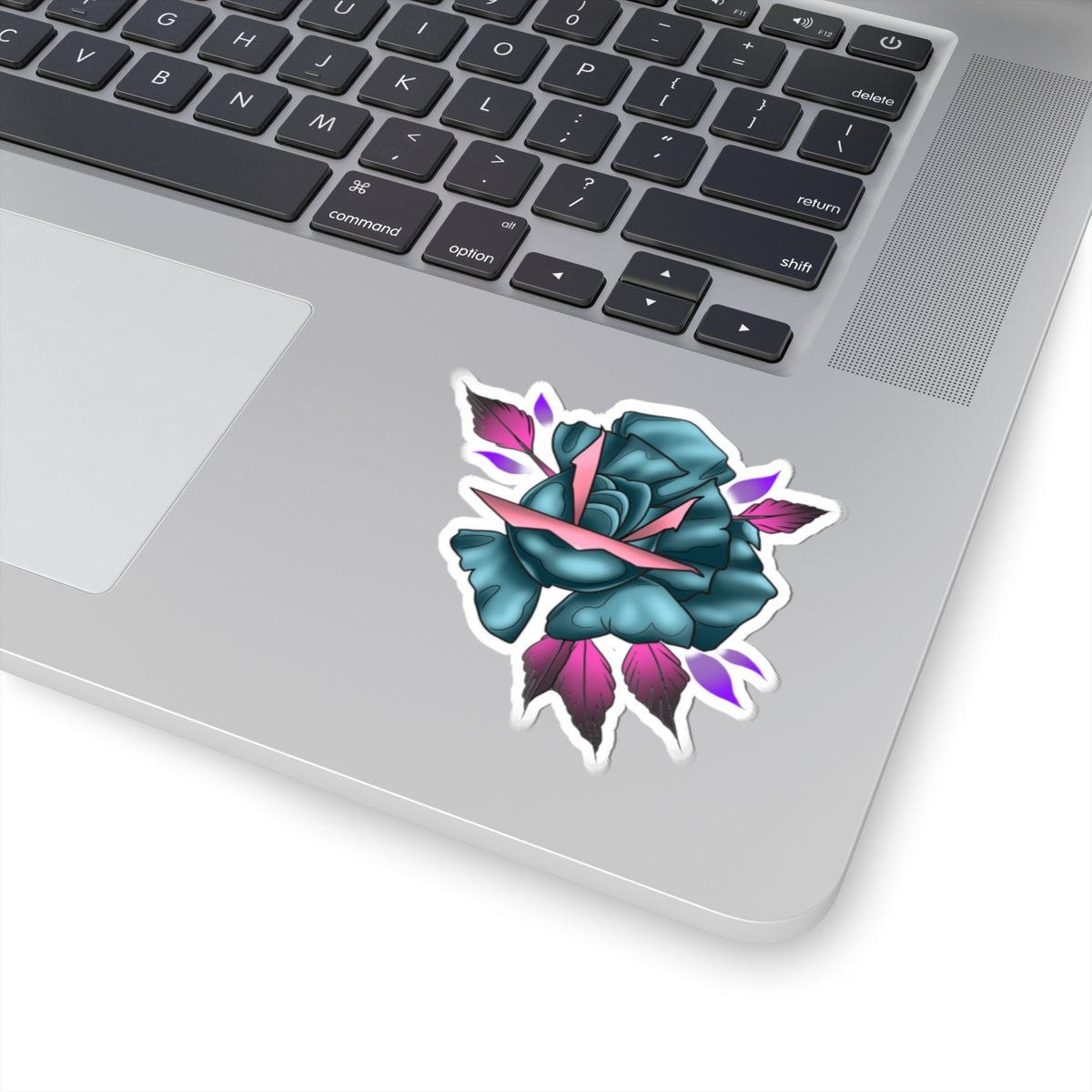 Teal Rose Kiss-Cut Sticker — Floral Tattoo-Style Laptop Decal