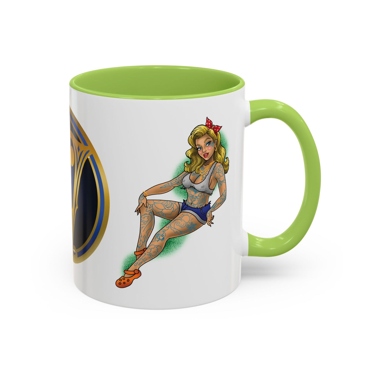 Vintage Pin-Up Coffee Mug with Gold Monogram V — Retro Tattoo Style Accent Mug (11/15oz)