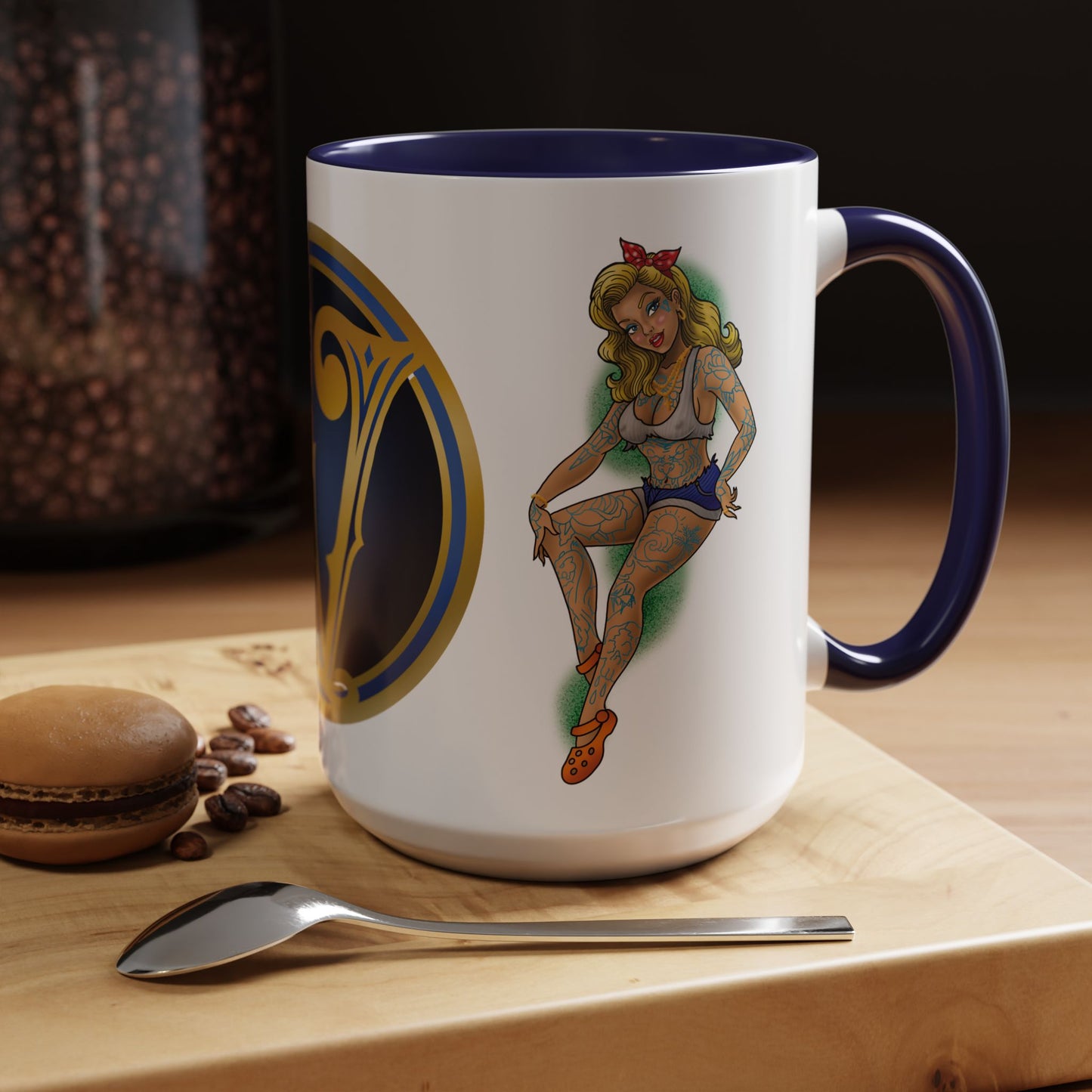 Vintage Pin-Up Coffee Mug with Gold Monogram V — Retro Tattoo Style Accent Mug (11/15oz)