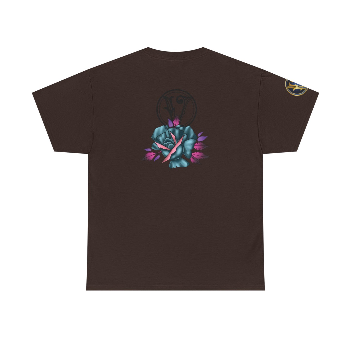 Blue & Pink Rose Graphic Tee — Vintage Floral Tattoo Shirt