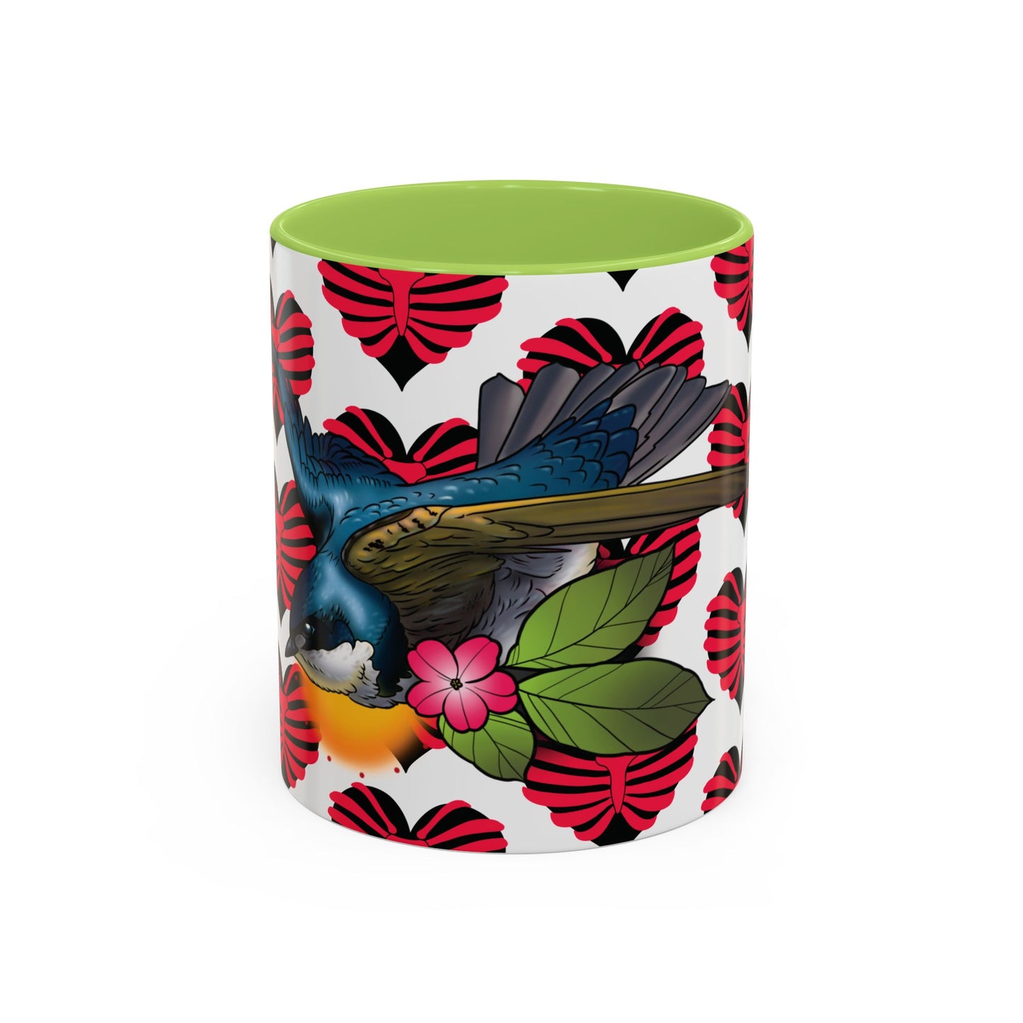 Bird & Hearts Accent Coffee Mug – Colorful Songbird Pattern (11/15oz)