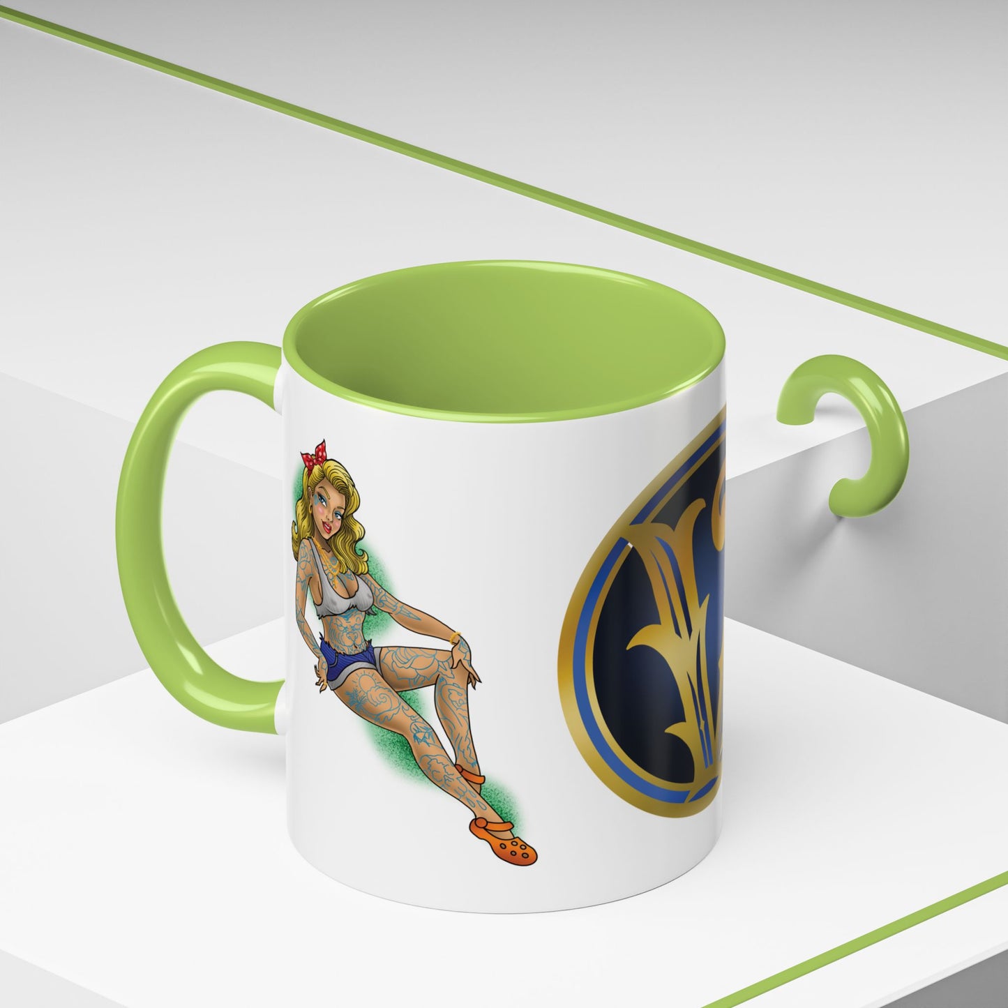 Vintage Pin-Up Coffee Mug with Gold Monogram V — Retro Tattoo Style Accent Mug (11/15oz)