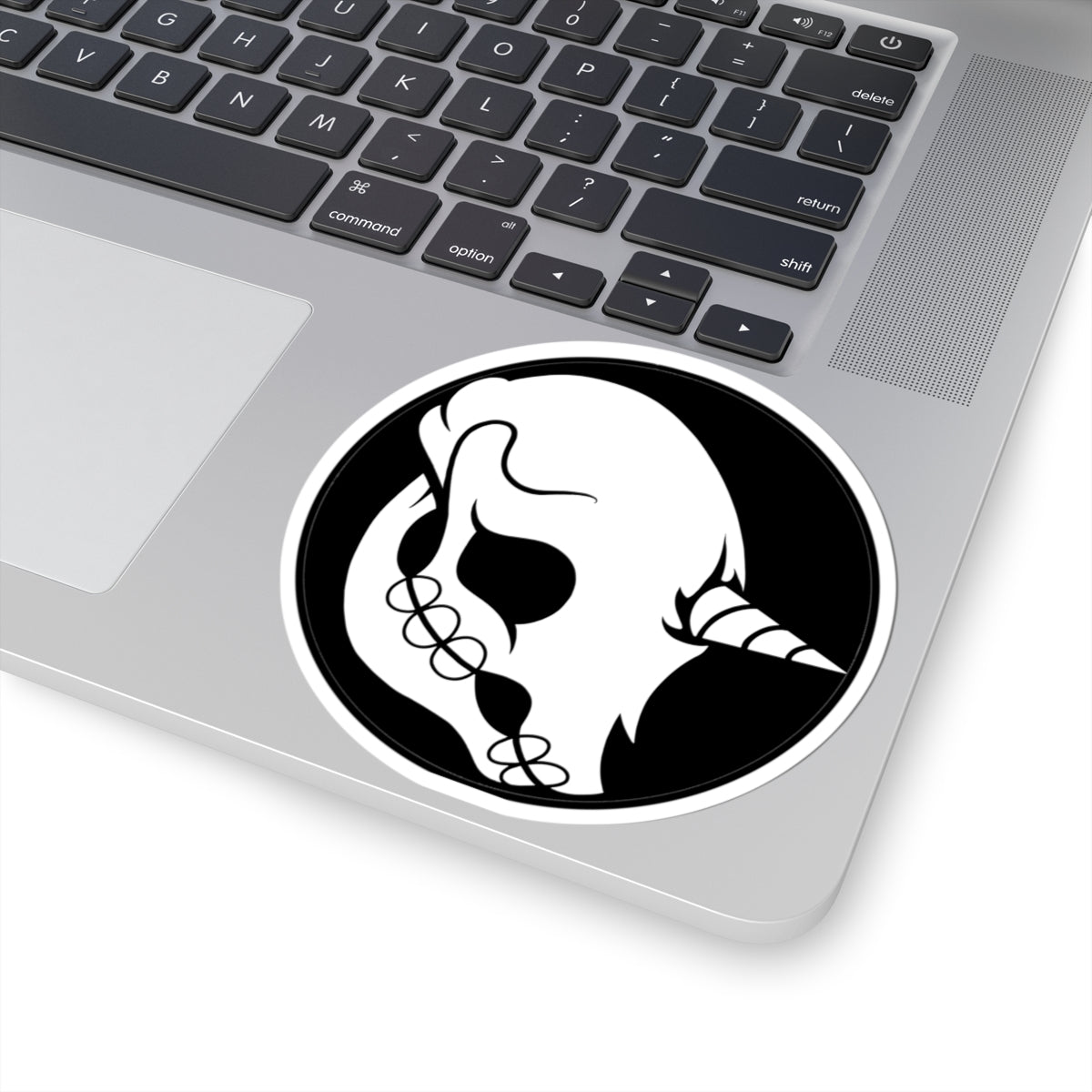 Skull Unicorn Kiss-Cut Sticker — Gothic Black & White Laptop Decal