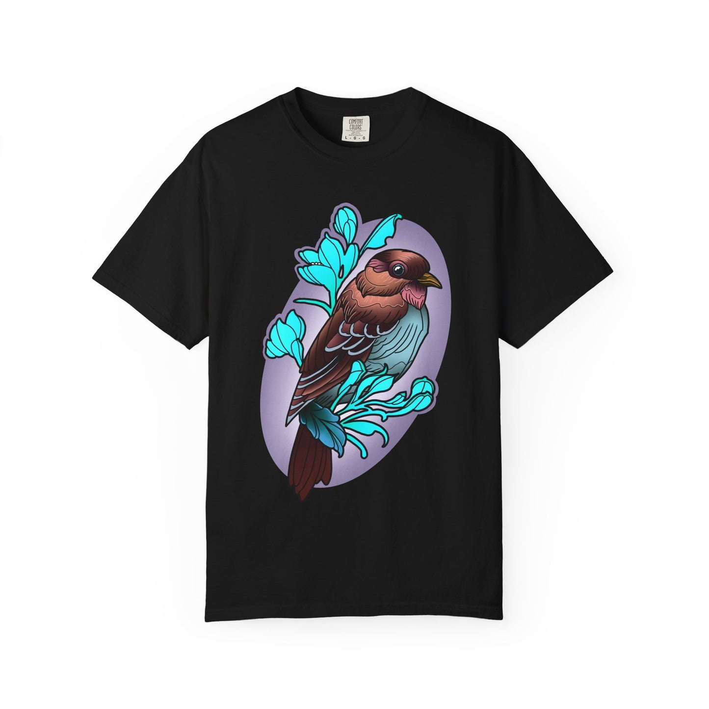 Bird Illustration T-Shirt — Colorful Sparrow on Floral Branch Tee